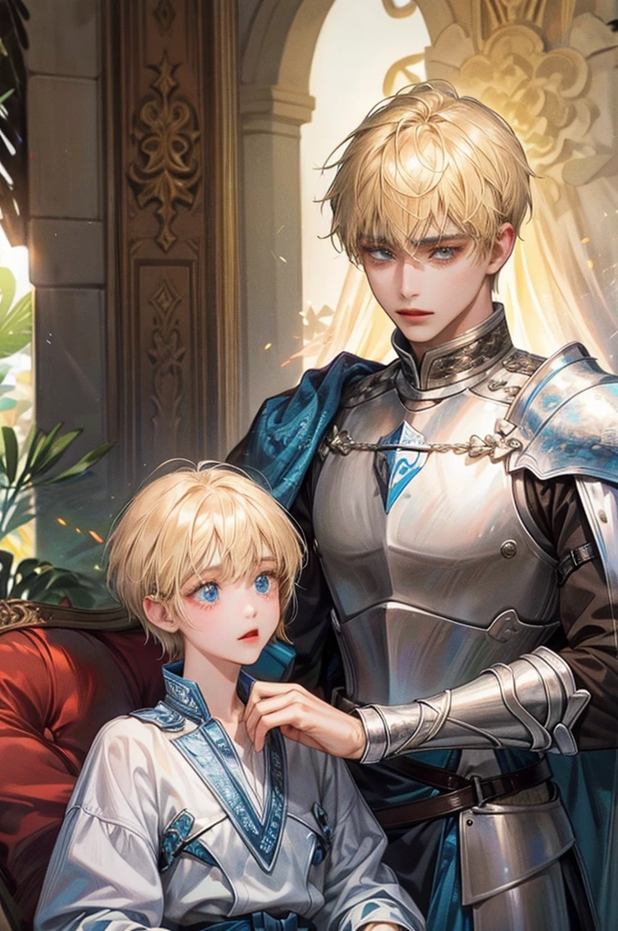a knight with tan skin and short brown hair with a girl who has blonde hair and blue eyes