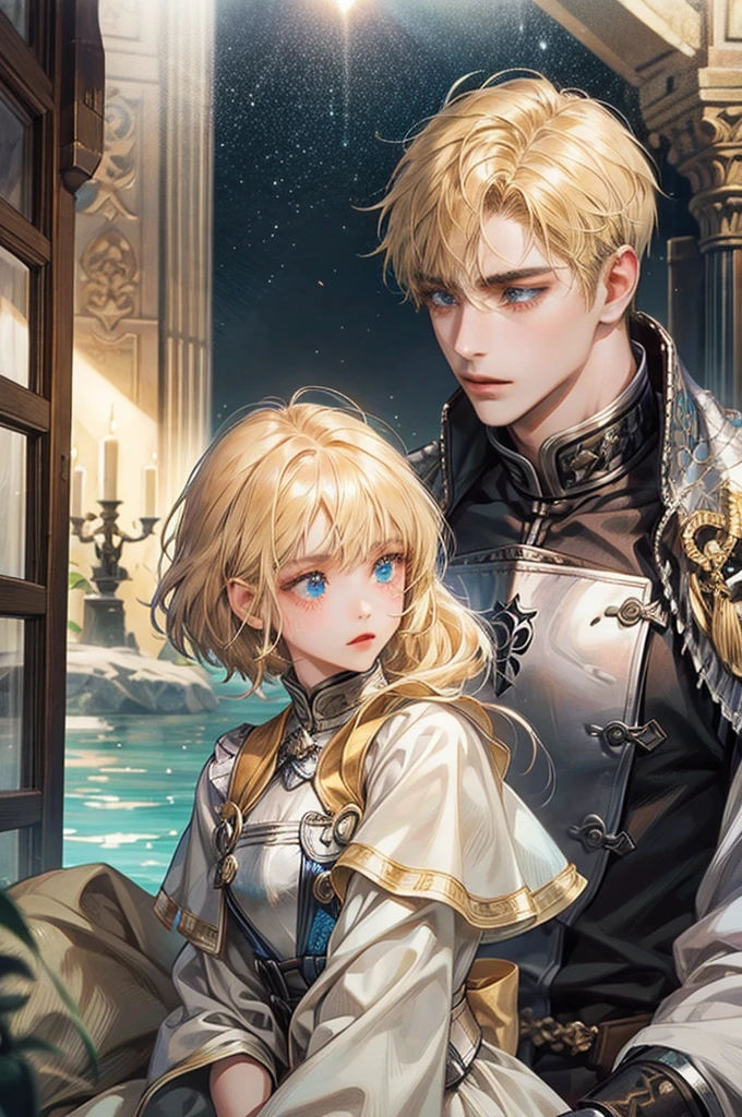 a knight with tan skin and short brown hair with a girl who has blonde hair and blue eyes