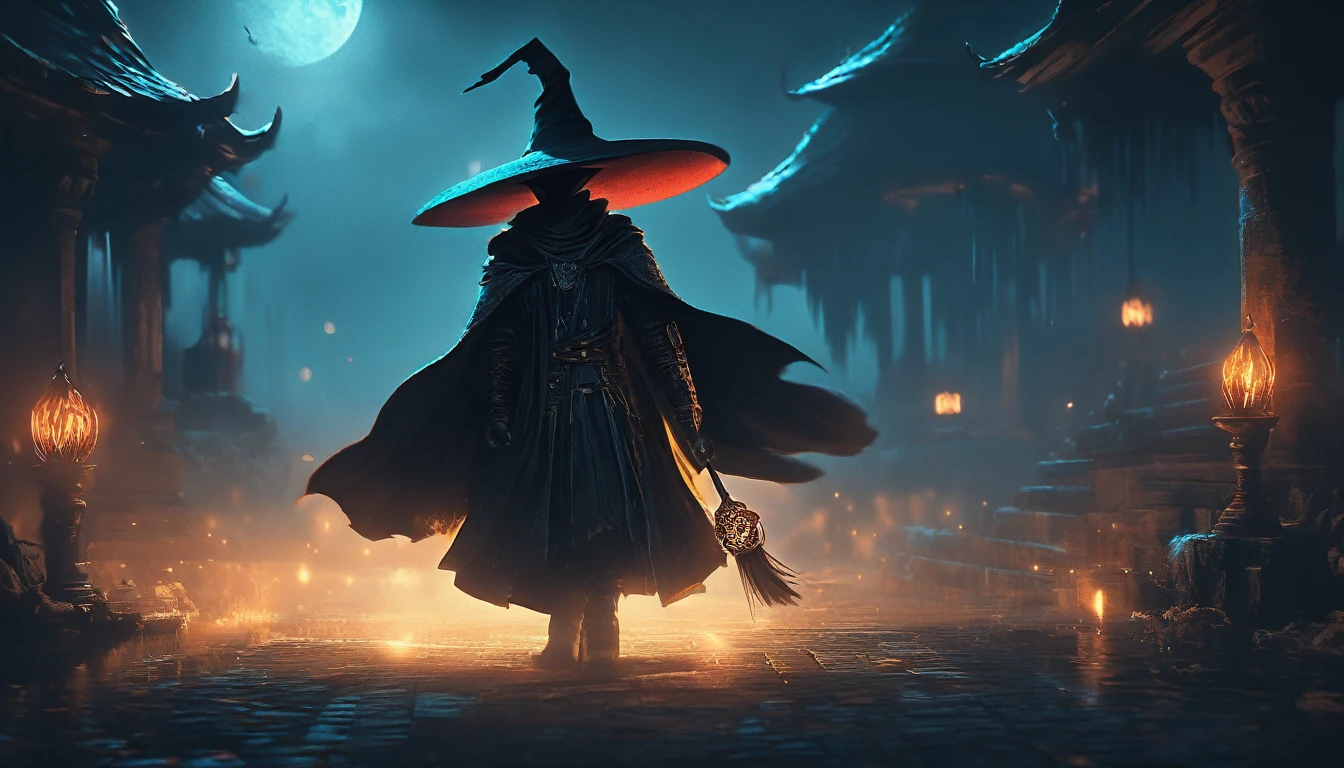 a small masked mage in a dark fantasy world, wearing a big hat, alone in the distance, dark background, intricate details, cinematic lighting, dramatic atmosphere, rich colors, dark and moody, masterpiece