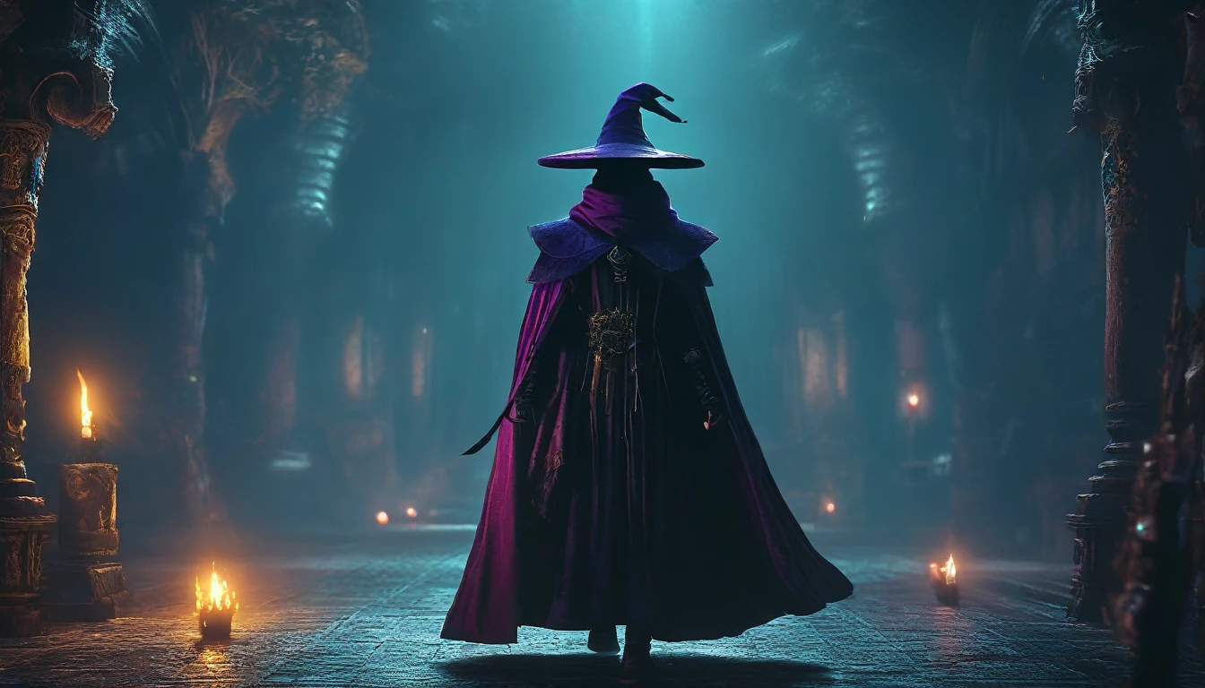 a small masked mage in a dark fantasy world, wearing a big hat, alone in the distance, dark background, intricate details, cinematic lighting, dramatic atmosphere, rich colors, dark and moody, masterpiece