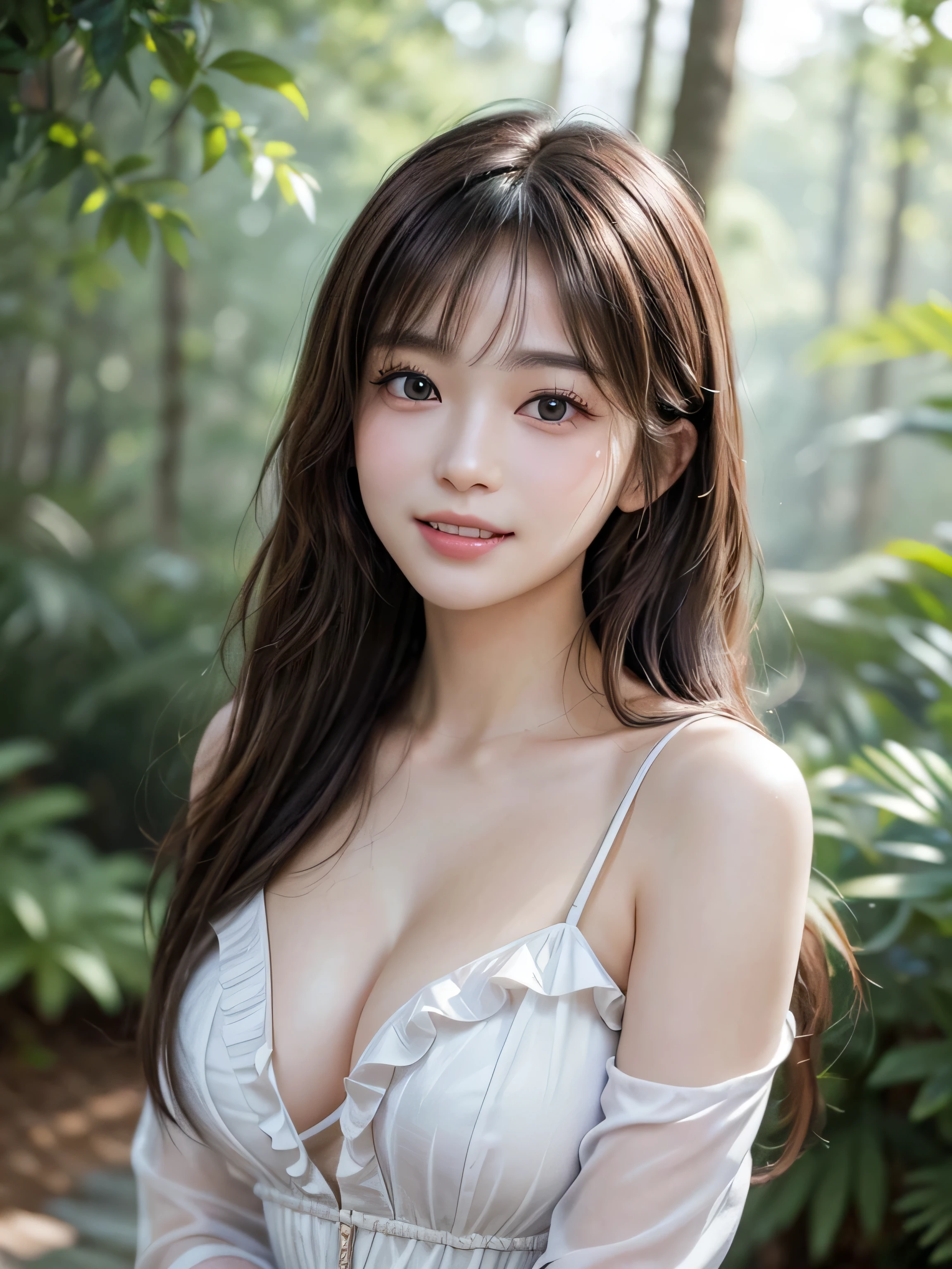 ((masterpiece: 1.3),8k, Realistic, RAW Photos, Highest quality: 1.4),whole body、 (One Girl), Beautiful face, (Realistic Face), (Brown long hair: 1.3), bangs, Perfect dynamic composition,(High quality with attention to detail, Realistic depiction of eyes:1.3)、(((Frill dress、のFrill dress、Cleavage、In the forest in the morning)))、 The whole thing faces forward、21talent、beauty、Well-formed face、Make the eyes even、Banditium Build、Balanced ratio、Beautiful feet、Fresh face、Beautiful scenery、Beautiful hairstyle, (bangs), (smile), smile, Realistic eyes, Gloss, highlight, highlight in the Eyes, eyelash, Beautiful details in the eyes, (Realistic Skin), Shooting from the air、Beautiful skin, Transparency、(beautiful)、 smile, teeth, Confused, charm, 超High resolution, ultra-realistic, High resolution, Golden Ratio, clear eyes, Wet, Looking into the camera, ear, Shine, Long neck, double eyelid, Thin eyebrows、Big eyes, cheek, kid character, charm personality, kid, Overwhelming charm, bright personality