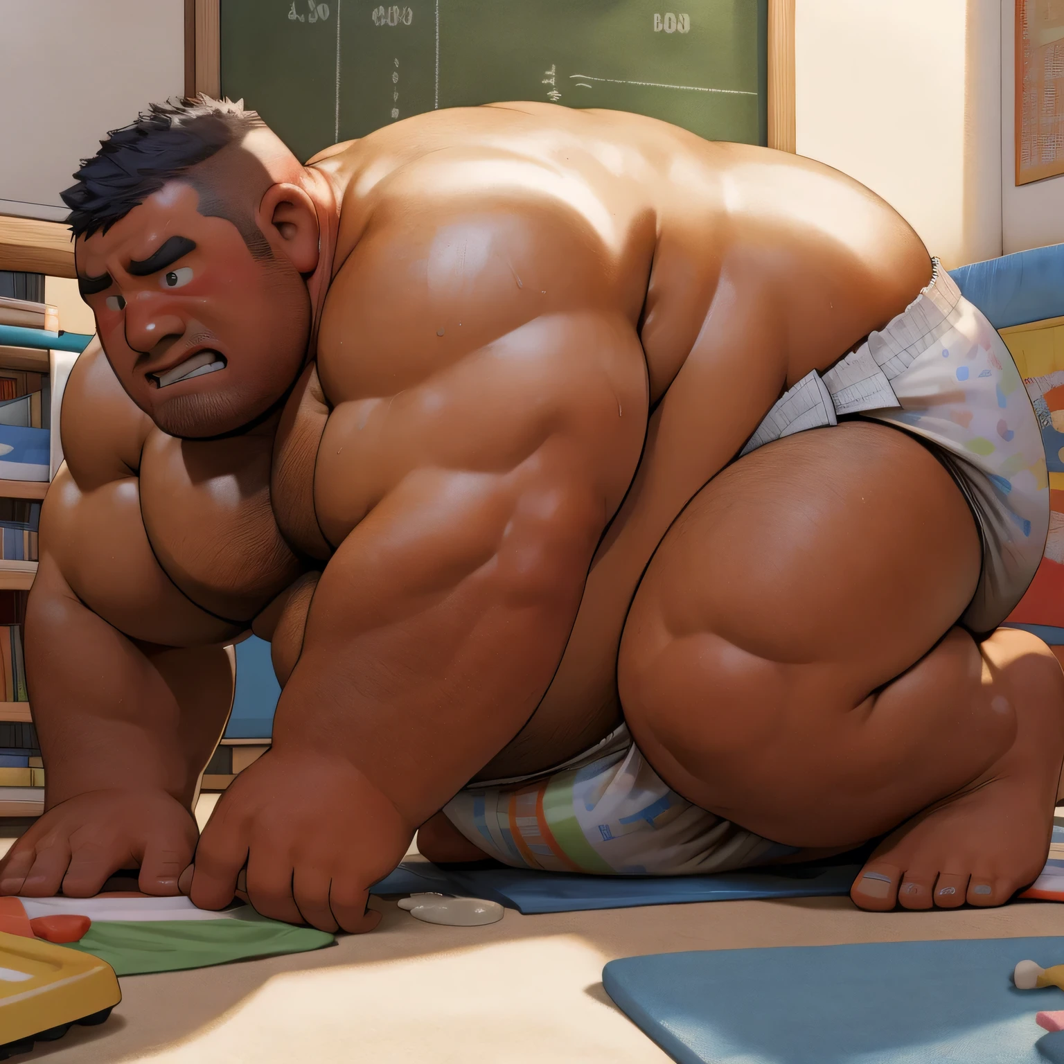 masterpiece, Top quality, in 32K, perfect anatomy, hyper detailed, super fine illustration, The thick man is a brutal prisoner, retarded, hairy human, 50yo in Japan, (fatness: 1.0), Fatty muscle, Bowleg, disappointment, incontinent, be diaper check by children, waddle, There is a small puddle under him, incontinent, Naked, short legs, Bowleg, spread legs, wear a White cloth Diaper, Bare belly, Bare legs, Bare foots, Bare soles, Shirtless, wide forehead and short thinning hair, Man with round face with stubble, Bare foots, Bare soles, shy, sissy, Weaker than children, Drool, Round face, steams, Solo, He enters nursery school and is despised by children, He surrounded by children, His bottom is wet, Bare foots, big butt, he is scolded by the children, White Diaper, He surrounded by children, sobbing, wear a White cloth Diaper, shirtless, There is a small puddle under him, He enters nursery school and is despised by children, big butt, sobbing, He crawling to go to children, on all fours, side view