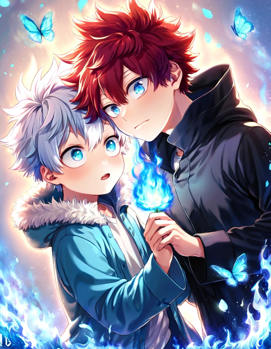 absurdres, highres, ultra detailed, HDR, master piece, best quality, extremely detailed face, delicated features, Todoroki Touya as a , red hair, messy hair, expressive turquoise eyes, Boku No Hero Academia, Gojou Satoru as a kidhite hair, expressive blue eyes, white eyelashes, two kids ther, yaoi, gay couple, small, cute, black coat, light-blue coat with fur, fantasy, magical, blue fire butterflies, fire flowers, blue fire, blue flames, blue fire in the background