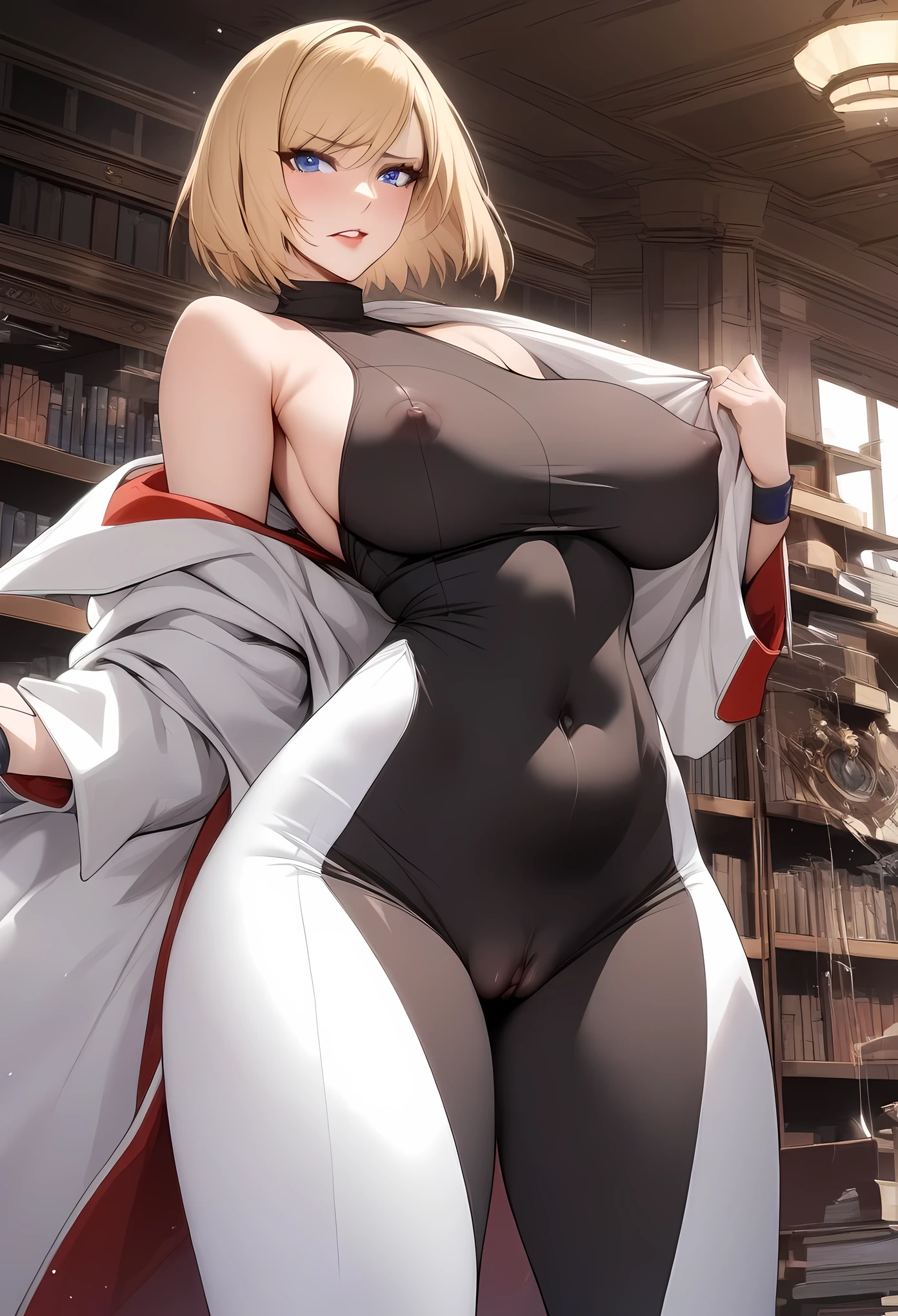 masterpiece, best quality, very aesthetic, absurdres, 1girl, mature_lady,body_suit, white_clothes, covered_pussy,covered_nipple,,blue_mary(fatal_fury), snk, the_king_of_fighters, 1girl, bare_shoulders, blonde_hair, blue_eyes,  short_hair, bob_cut,,in a library,floating_clothes