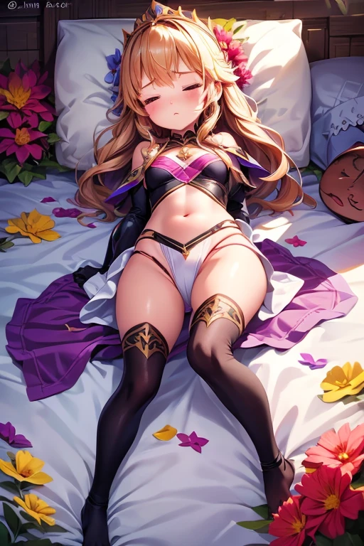 Little, Warrior girl lying on her back、Girl sleeping on her back、 Black high leg swimsuit, armor、Anna of Arendelle、Lie face up on the bed、Dark brown hair、surrounded by lots of flowers、ベッドでGirl sleeping on her back、Close ~ eyes、sleeping beauty