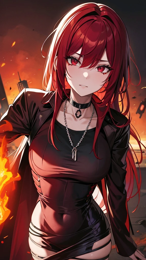 harolda crimson, Black and red cyberpunk outfit, respirator half mask, hair fades to red, hair to one side, wandering mercenary, choker, half demon, anime, crimson chains of ash, THE GRIMREAPER, burning flames