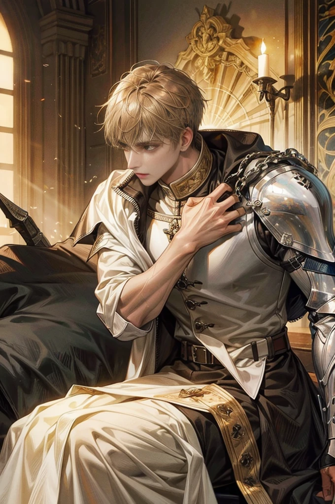 a knight with tan skin and short brown hair