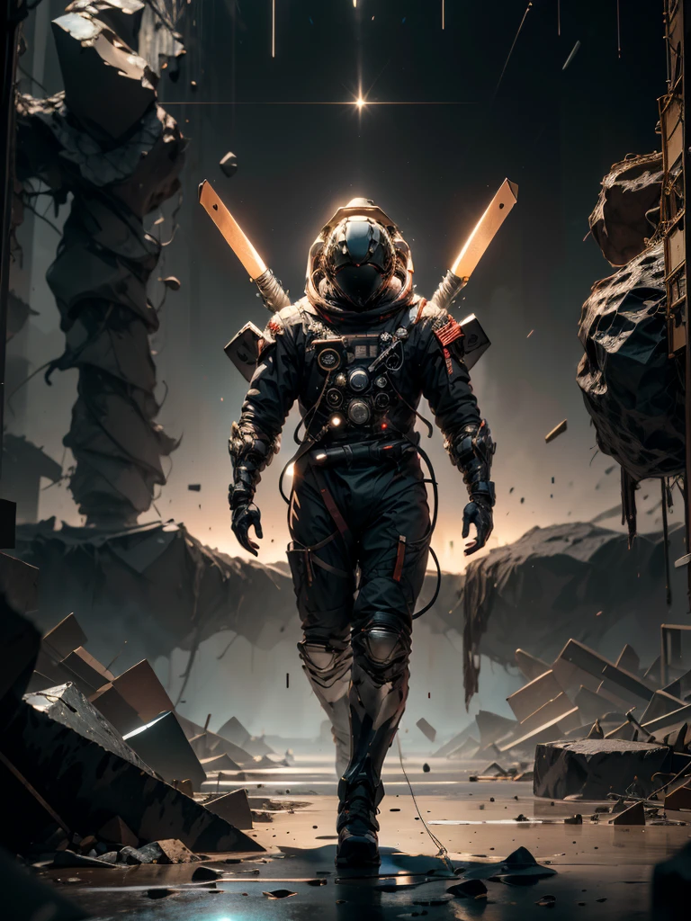 Astronaut with LIGHT SWARD, climbing the asteroid, character render, ultra high quality model, ethereal background, abstract beauty, explosive volumetric, oil painting, heavy strokes, paint dripping HDR (High Dynamic Range) ,Ray Tracing, NVIDIA RTX, Super-Resolution, Unreal 5, Subsurface scattering, PBR Texturing