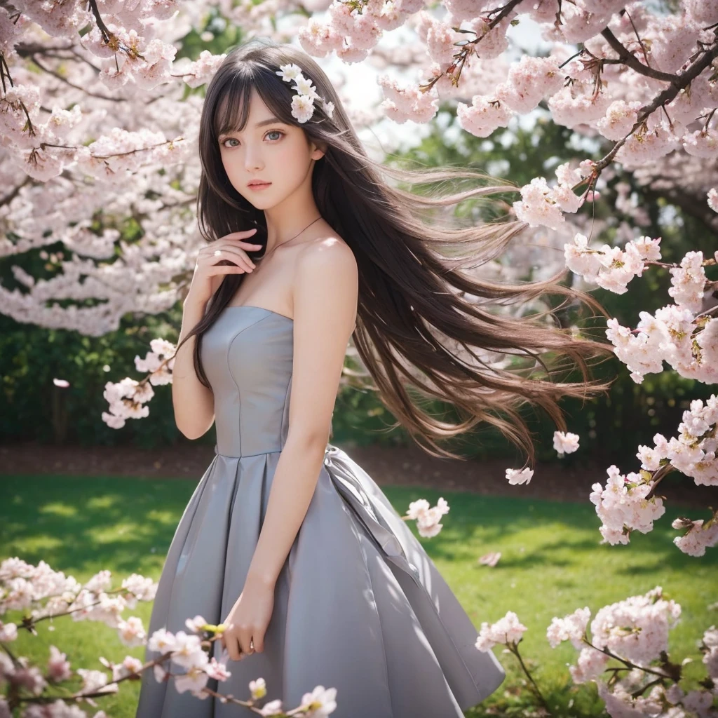 (Girl:1.5),race,ribbon,(masterpiece, Side light, Beautiful detailed grey eyes: 1.2), Mid-chest, Realistic, Glowing Eyes,Shiny Hair,Black Hair,Long, long hair, Shiny skin, alone, Embarrassing,Strapless,Exquisite,beautifully,garden,Flowers,Fluttering petals, barefoot, Cherry Blossom, Cinematic Light, Structure of the film, Rich Expressions