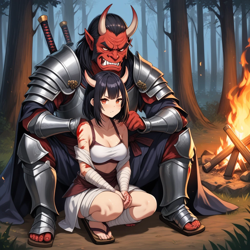 Futanari demon woman, long red hair, yellow eyes, red skin, defined, big breasts and big cock, dressed in rags almost bandages covering the bottom, cave bottom,With a bonfire and bones nearby dirty with  
