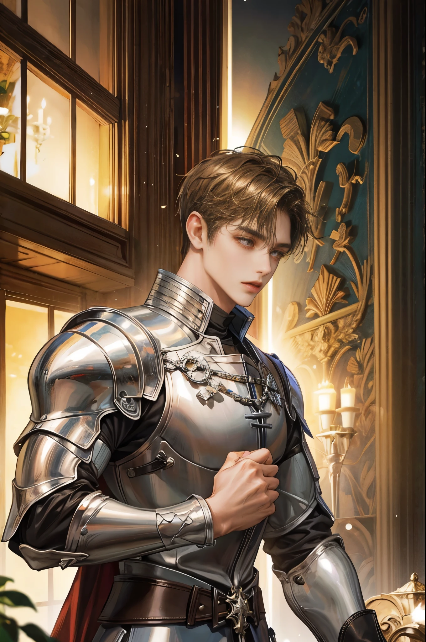 a knight with tan skin and short brown hair