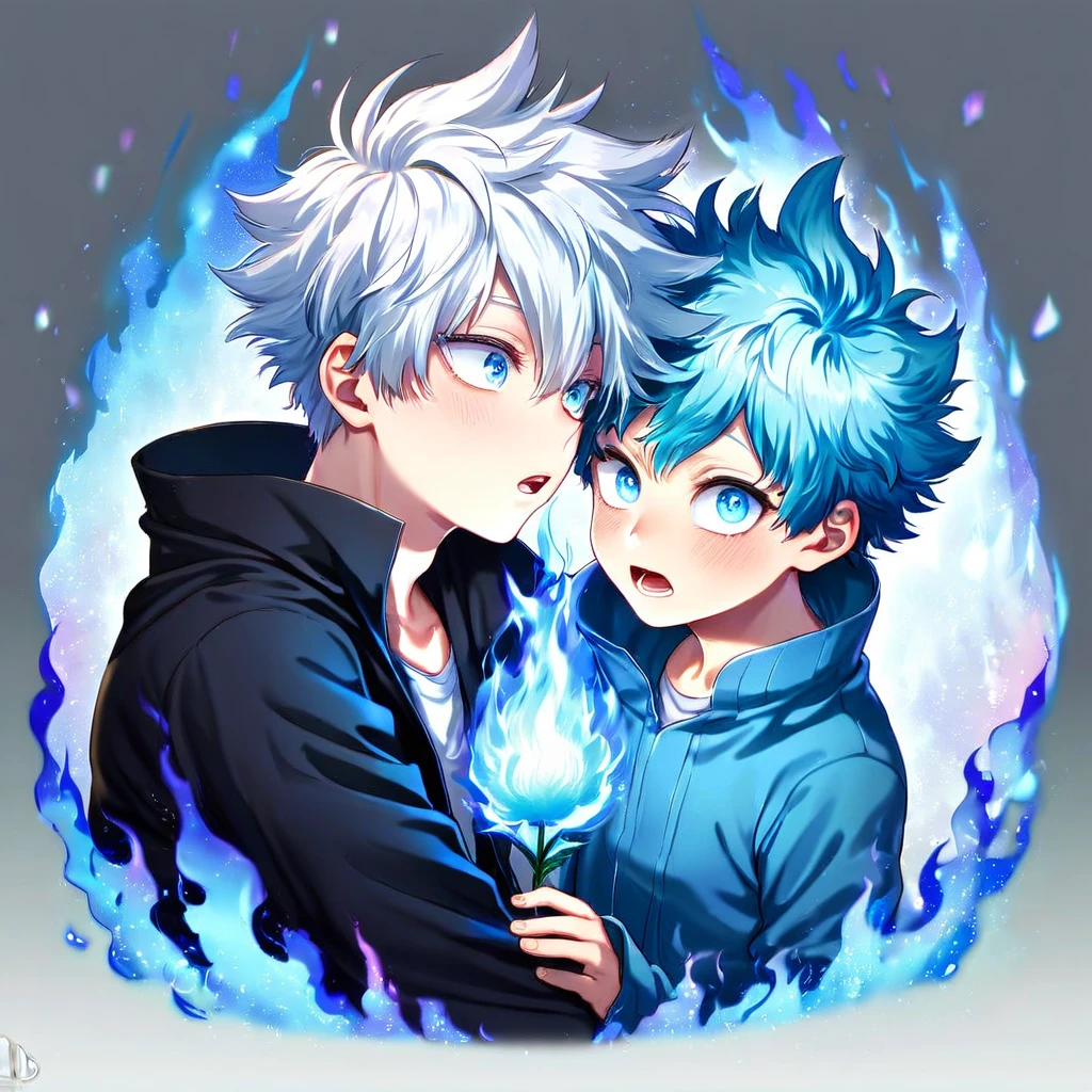 absurdres, highres, ultra detailed, HDR, master piece, best quality, extremely detailed face, delicated features, Todoroki Touya as a kid, white hair, messy hair, expressive turquoise eyes, Boku No Hero Academia, Gojou Satoru as a kid, white hair, expressive blue eyes, white eyelashes, two kids together, yaoi, gay couple, small, cute, black coat, light-blue coat with fur, fantasy, magical, blue fire butterflies, fire flowers, blue fire, blue flames, blue fire in the background