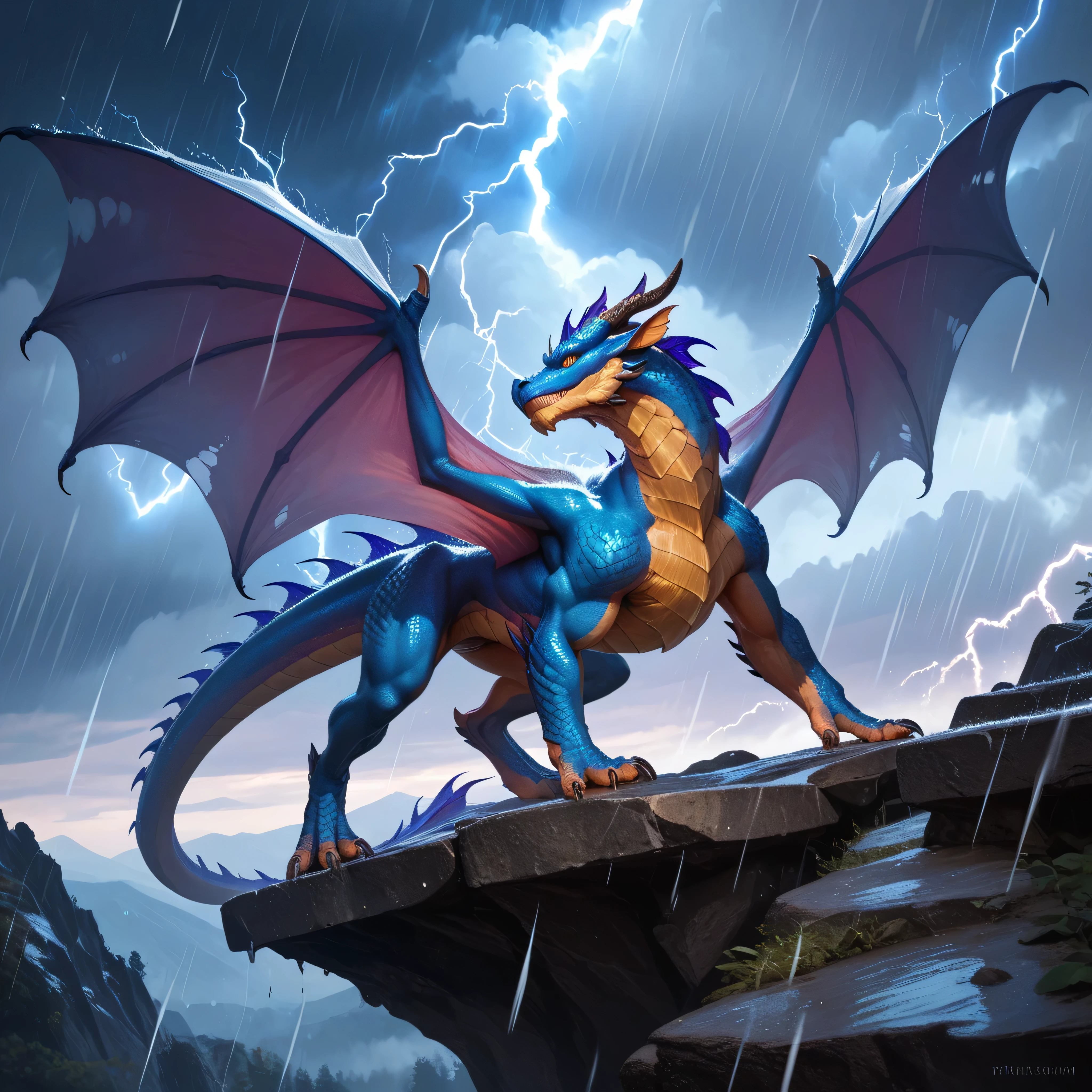  (A storm dragon with 2 wings standing on a high rocky ledge ), solo, lightning, clouds, rain, BREAK, mystical creature, realistic, ultra detailed, dynamic pose, moonlit night, detailed snowy mountain background