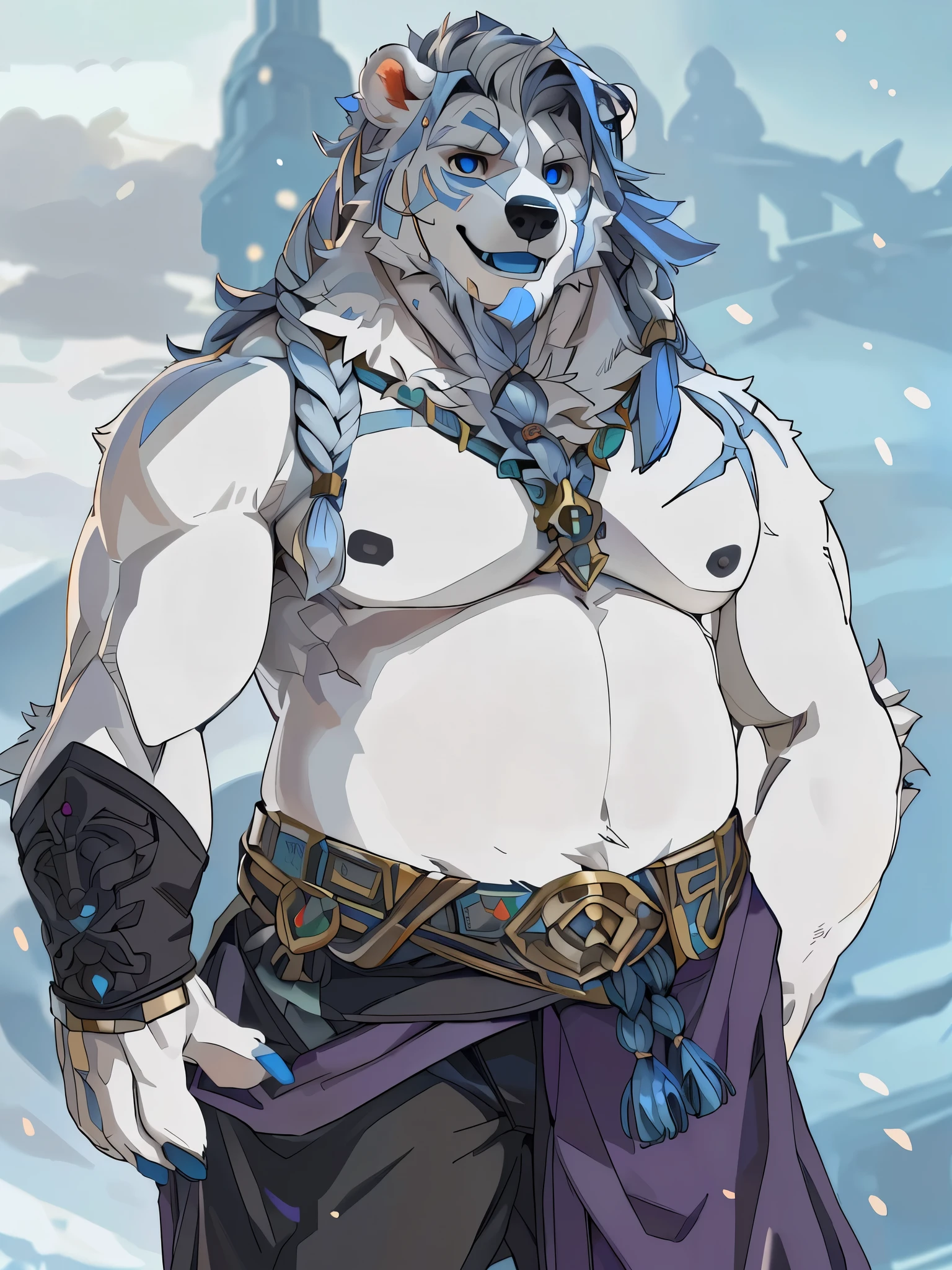 solo,anthro,furry,furry male, Polar bear, ((fluffy fur,fluffy,furry body)), (blue fur, Polar bear), (white body), eye line, chubby, big muscles Braided beard, black pupils, sky blue eyes, decorative coat, tail, long hair, regal hair, braids, detailed fluffy fur, white chest, white belly, detailed face, detailed eyes, decorative uniform, gold accessory, braided hair, slack pants, sleeveless, detailed chest, detailed belly, black slack pants, decorative coat, blue coat, gold trimmings, nubby tail, bear tail, full body, claws, fantasy grand monastery, (by null-ghost,by raccoon21, by taran fiddler, masterpiece, high quality,hi-res,8k had), standing pose,close-view portrait, looking at viewer, indoor, lights, happy expression, calm, happy, smile, open mouth, blue tongue, (blue scar), dark shadows, young, hands in pockets,
