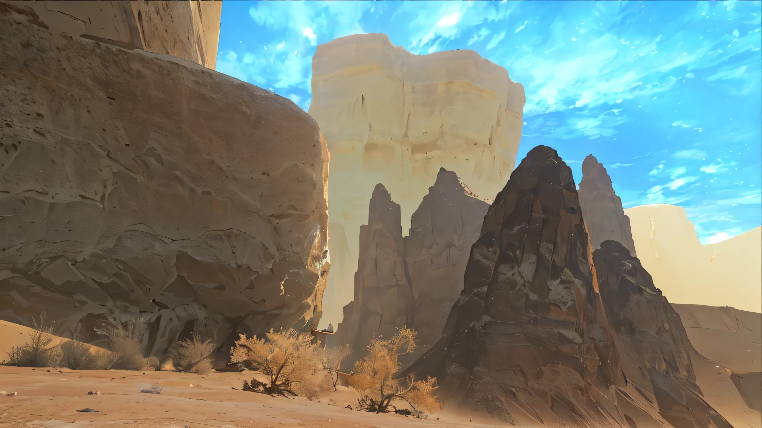 There is a photo of the desert,A mountain in the background, Desert Table, Desert scenery, Desert Environment, Canyon Background, desert wasteland, Scorched desert, Obsidian Tower in the Distance, serene Desert Environment, Black countertop, rocky desert, ps3 screenshots, sand and Desert Environment, Barren wasteland, Desert Environment, Game image, crystal desert, Steep cliffs