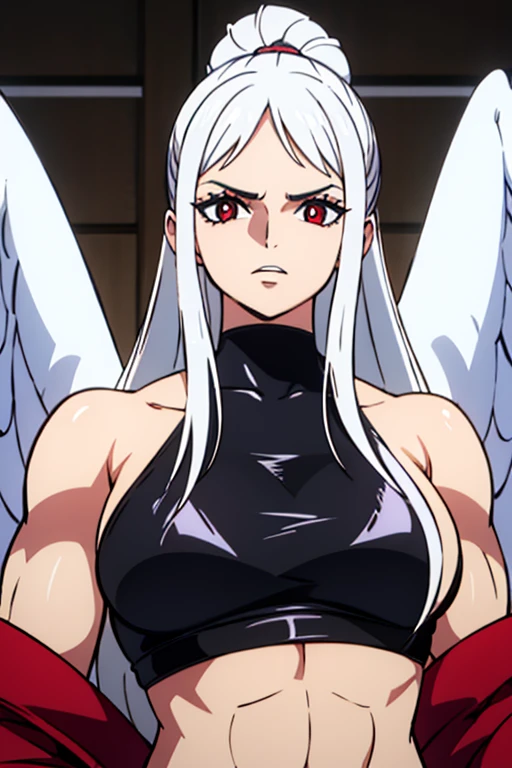 Muscular brunette girl, muscular, White hair, Eyes red, black wings on the back , black leather clothing. Black katana. (fully body).