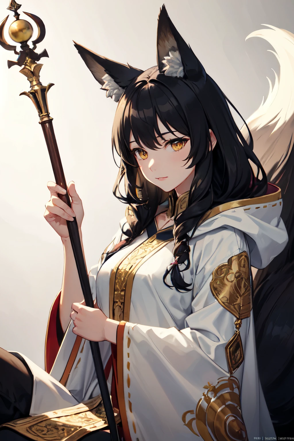 (high quality, best quality, 4k, 2k, (intricate:1.1), (high detail:1.3)), ((fantasy, abstract background)), (official wallpaper, volumetric lighting, dynamic lighting), 1girl, solo, (fox girl, fox ears, fox tail),very long hair, curly hair, black hair, (yellow eyes), druid, brown, robe, hood, holding staff, shy position, sitting, ((relaxed, calm, peaceful)),magical energy,