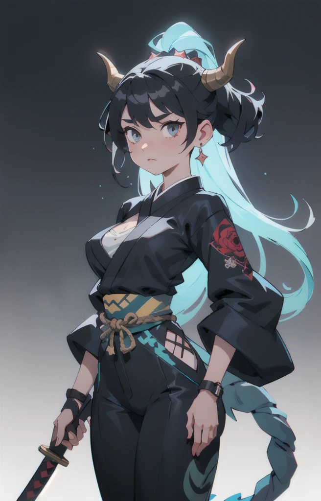 Seven Rhaeyar (Deylta), Ancient Star goddess, Perfect female anatomy (Royalty, Adult Female, 166cm in height, Cool pale skin, slim, slender, 34D breast size, Long Jet Black Hair, Gray Colored Iris , a set of Jet black colored horns with a blue highlight tint on her head), Black Katana with dragon motifs, Black rope accessories and blue rose references. Simple Background, receiving light from the front, Ethereal glow, Japanese inspired, 
