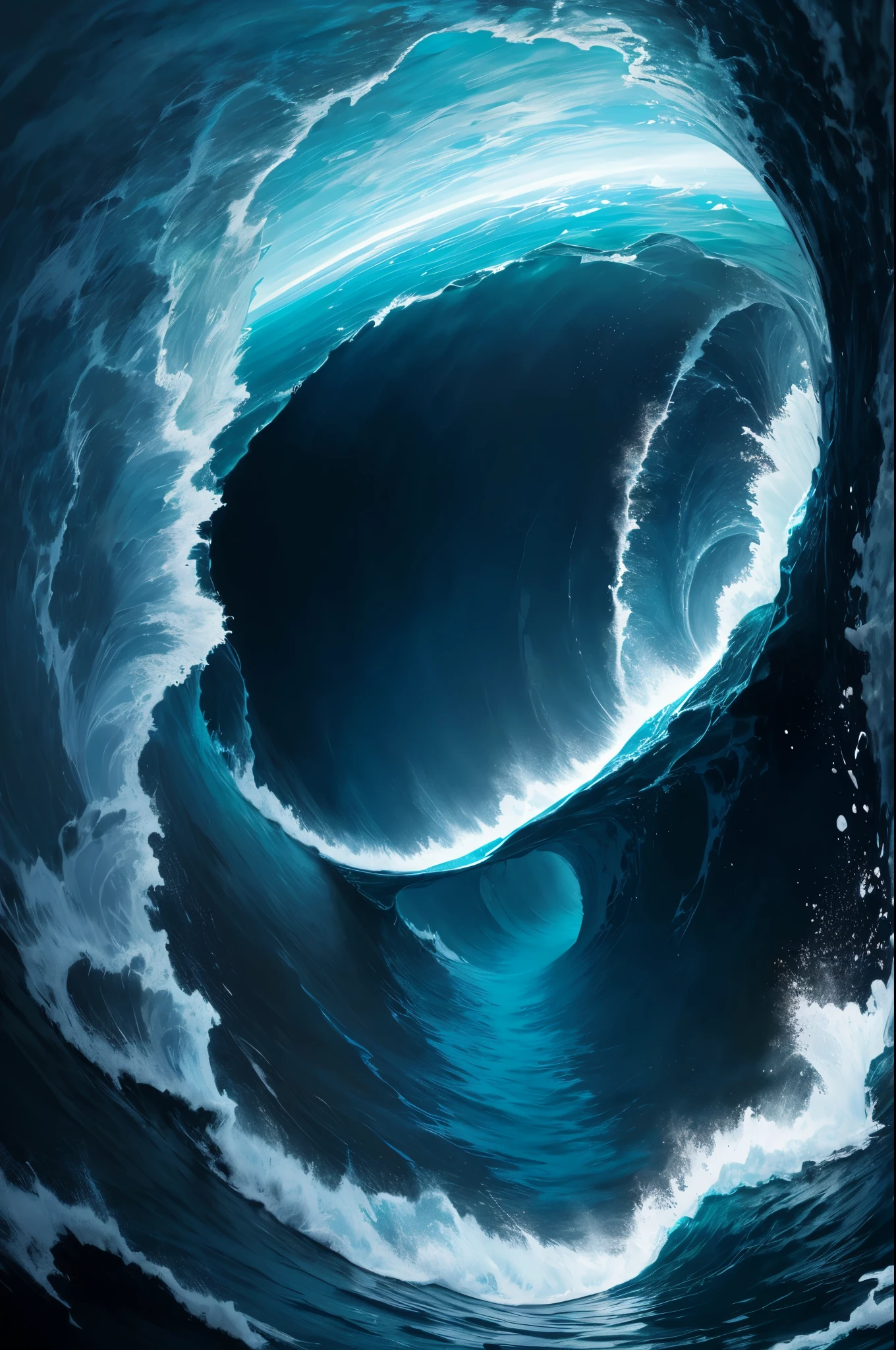A great collapsing ocean, shades of blue, feeling of depth, choppy water. It is possible to observe a face forming