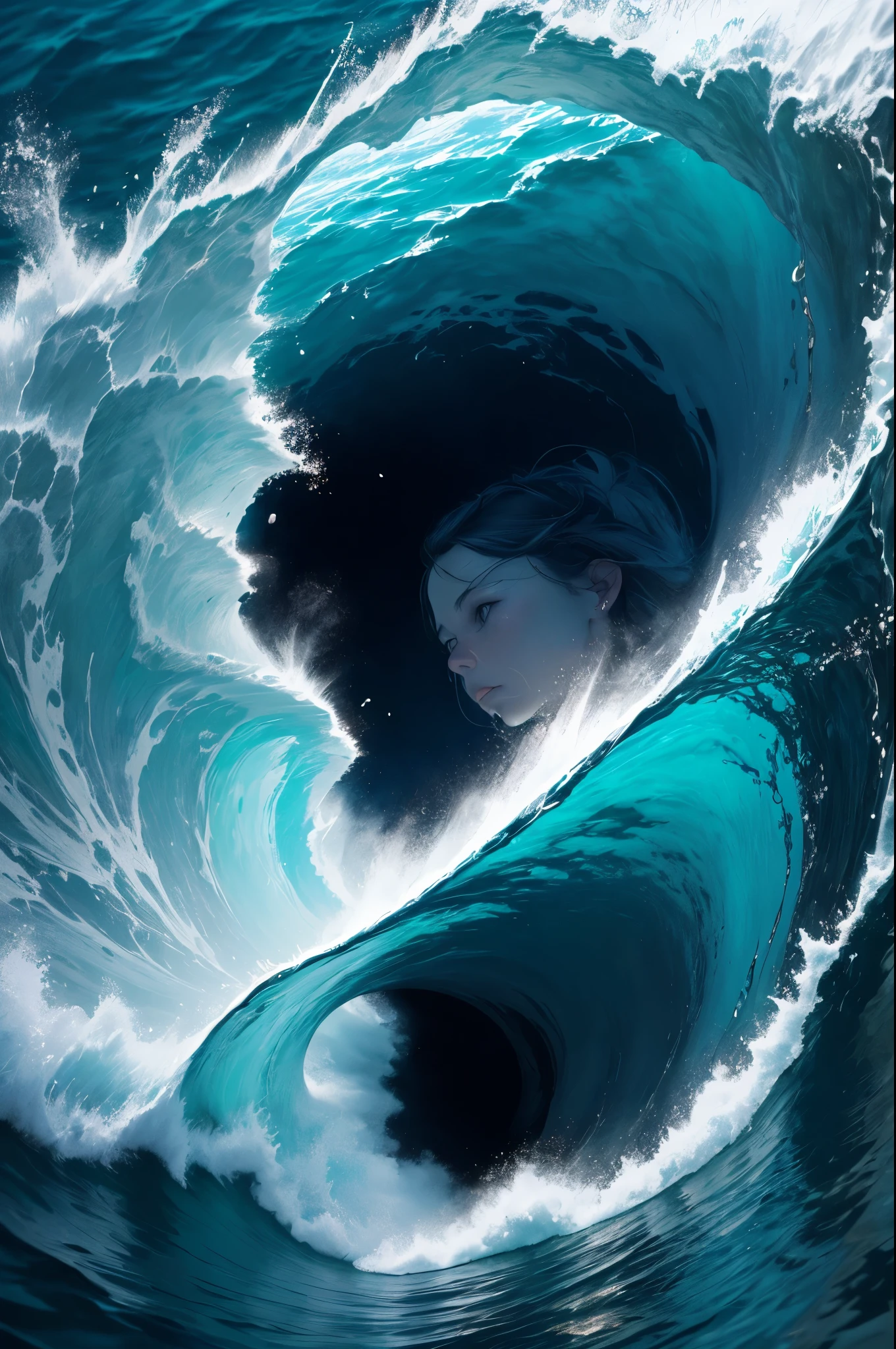 A great collapsing ocean, shades of blue, feeling of depth, choppy water. It is possible to observe a face forming