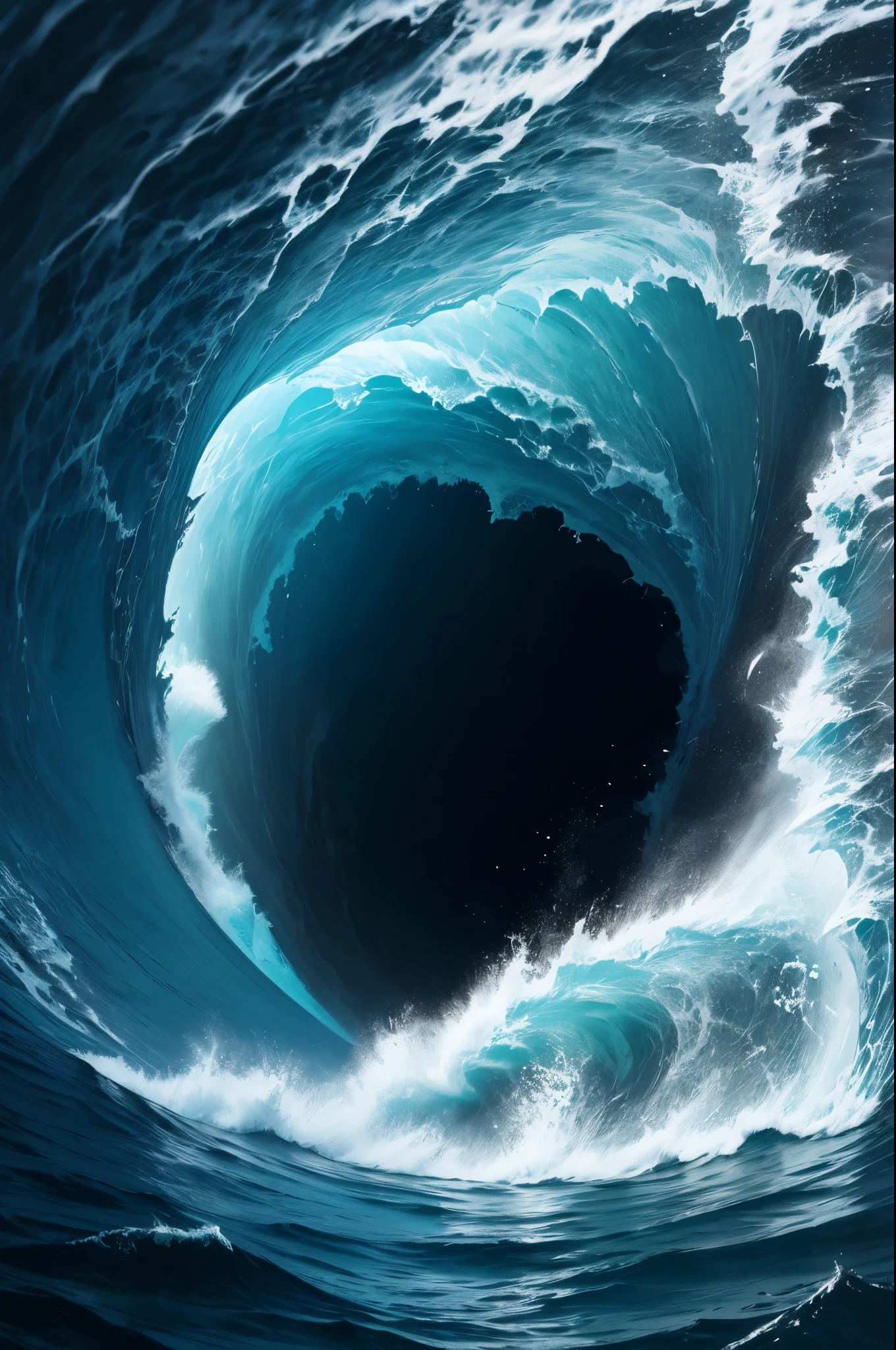 A great collapsing ocean, shades of blue, feeling of depth, choppy water. It is possible to observe a face forming