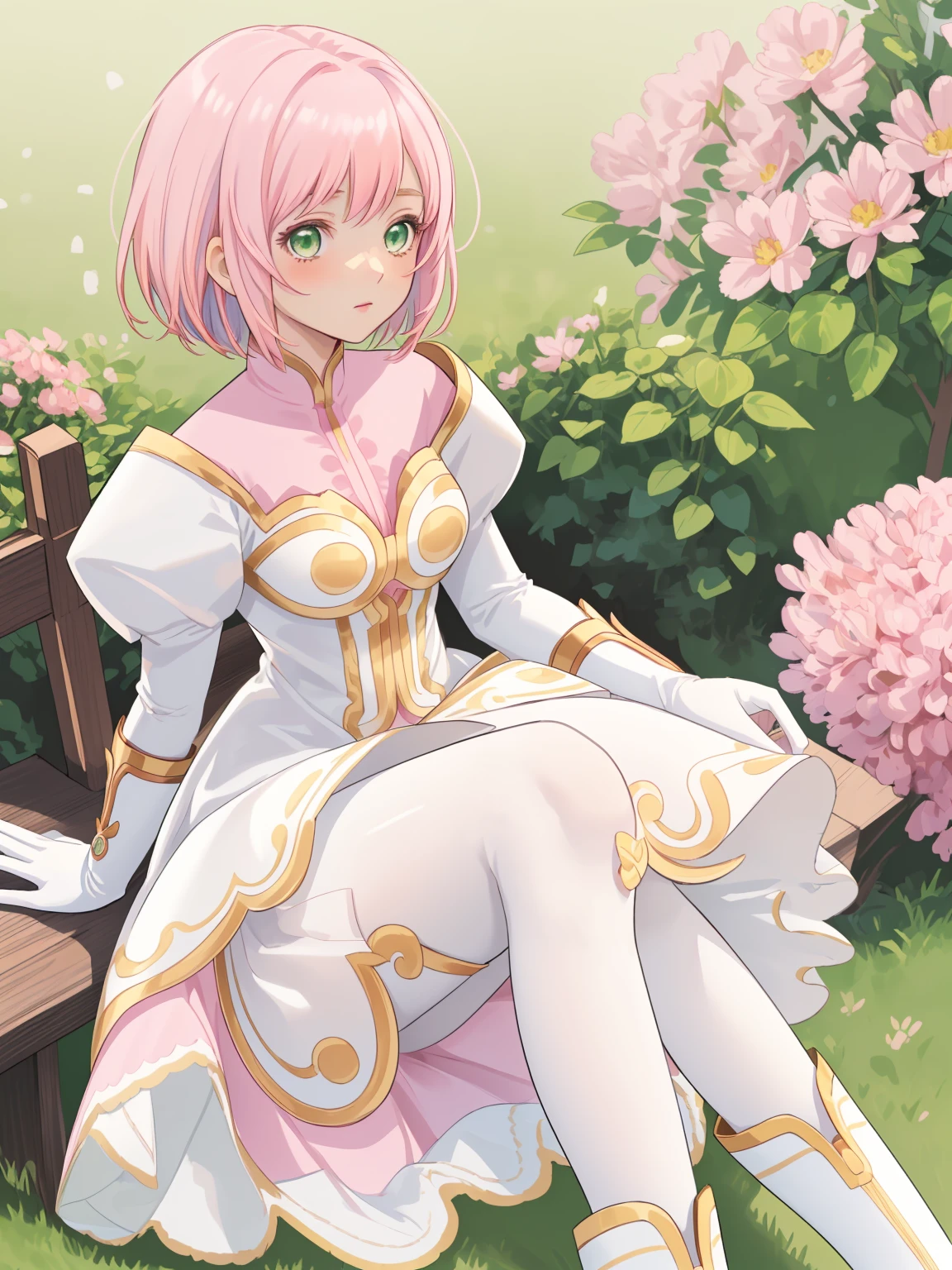 masterpiece, Highest quality, alone, One Girl,Estellise Sidos Heurassein, Pink Hair, short hair, Green Eyes, Small breasts, White and pink dress, Glamorous Dress, Pink collar, Pink Skirt, White boots, White gloves, (Black Pantyhose, Black legwear:1.1)whole body, Little:5, cute, (Beautifully detailed face), (Beautiful attention to detail), (Beautiful detailed hair)