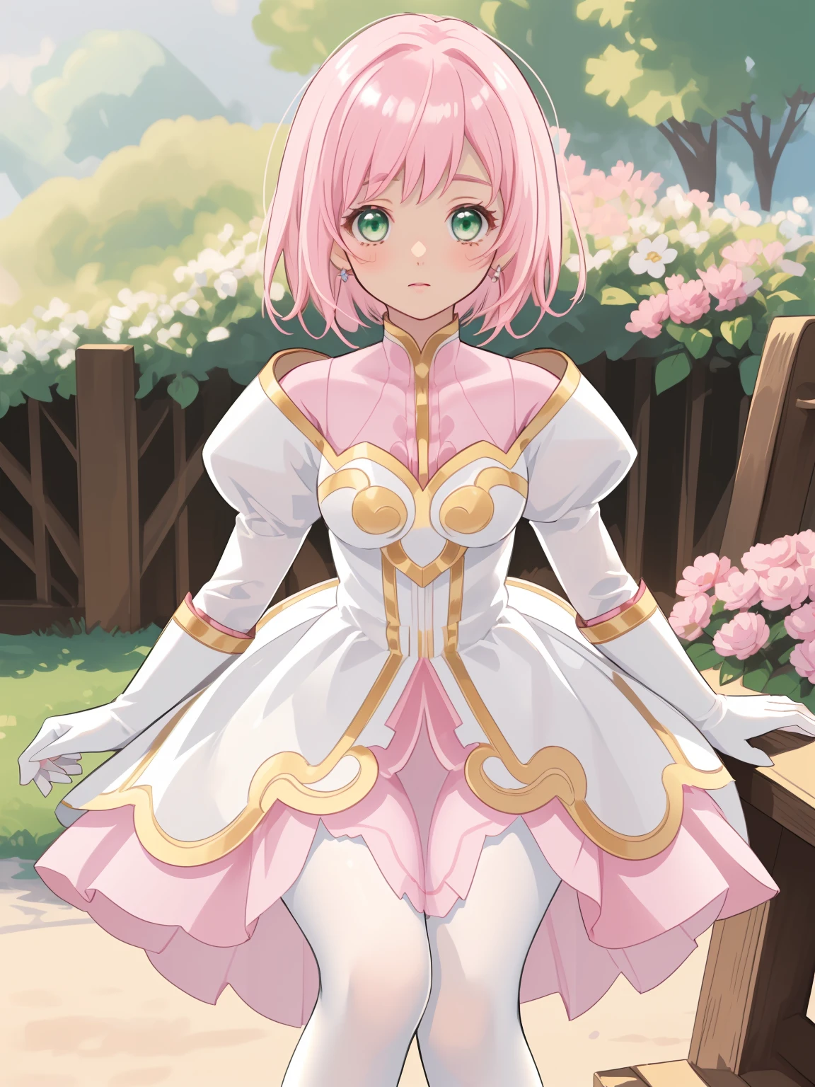 masterpiece, Highest quality, alone, One Girl,Estellise Sidos Heurassein, Pink Hair, short hair, Green Eyes, Small breasts, White and pink dress, Glamorous Dress, Pink collar, Pink Skirt, White boots, White gloves, (Black Pantyhose, Black legwear:1.1)whole body, Little:5, cute, (Beautifully detailed face), (Beautiful attention to detail), (Beautiful detailed hair)