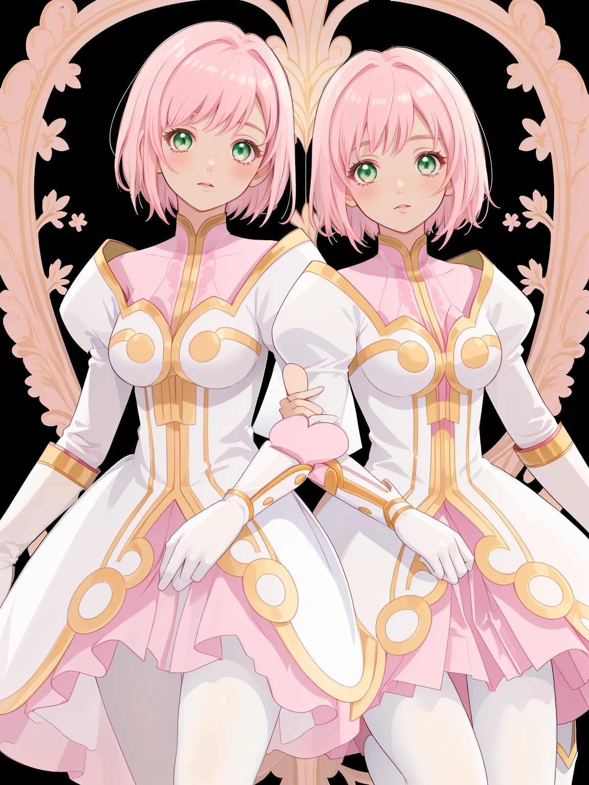 masterpiece, Highest quality, alone, One Girl,Estellise Sidos Heurassein, Pink Hair, short hair, Green Eyes, Small breasts, White and pink dress, Glamorous Dress, Pink collar, Pink Skirt, White boots, White gloves, (Black Pantyhose, Black legwear:1.1)whole body, Little:5, cute, (Beautifully detailed face), (Beautiful attention to detail), (Beautiful detailed hair)