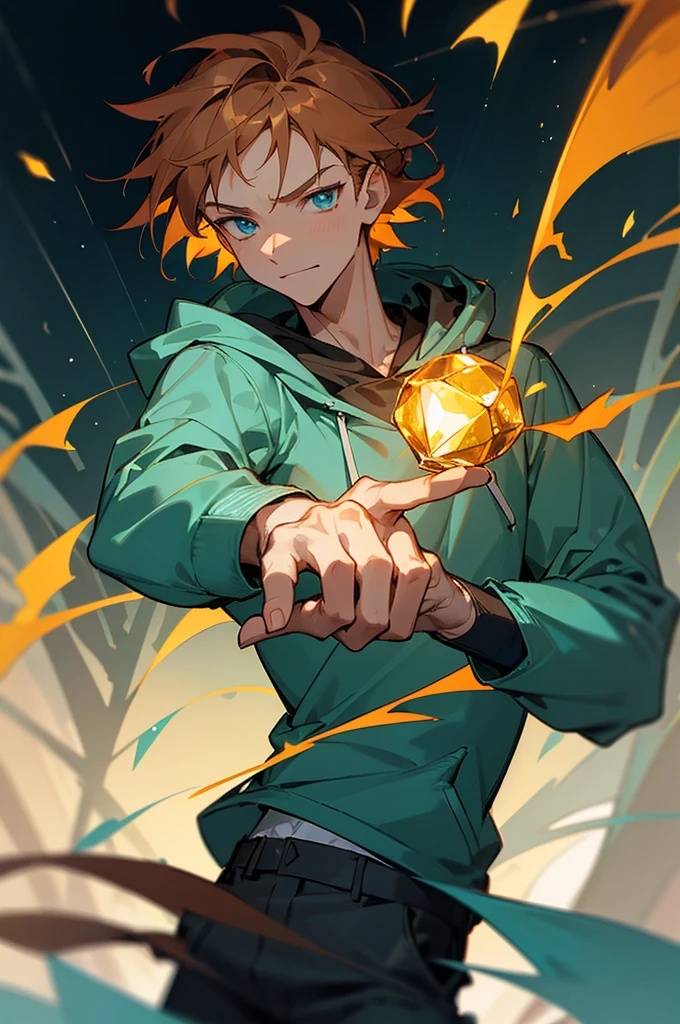 Chestnut hair, ice blue eyes, striking male, contemplative look, dusk, 10k resolution, forest, falling leaves, young man, thoughtful expression, medium hair, bust shot, glowing topaz ring, smirk, topaz gem on finger, athletic, muscular build, strong, gray hoodie, topaz ring, no scars, lantern in hand, cargo pants.
