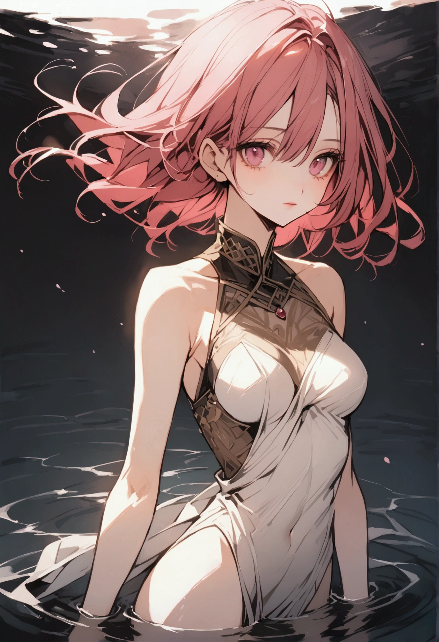 beautiful sakura haruno, with medium breast, lean body,standing in water, front view