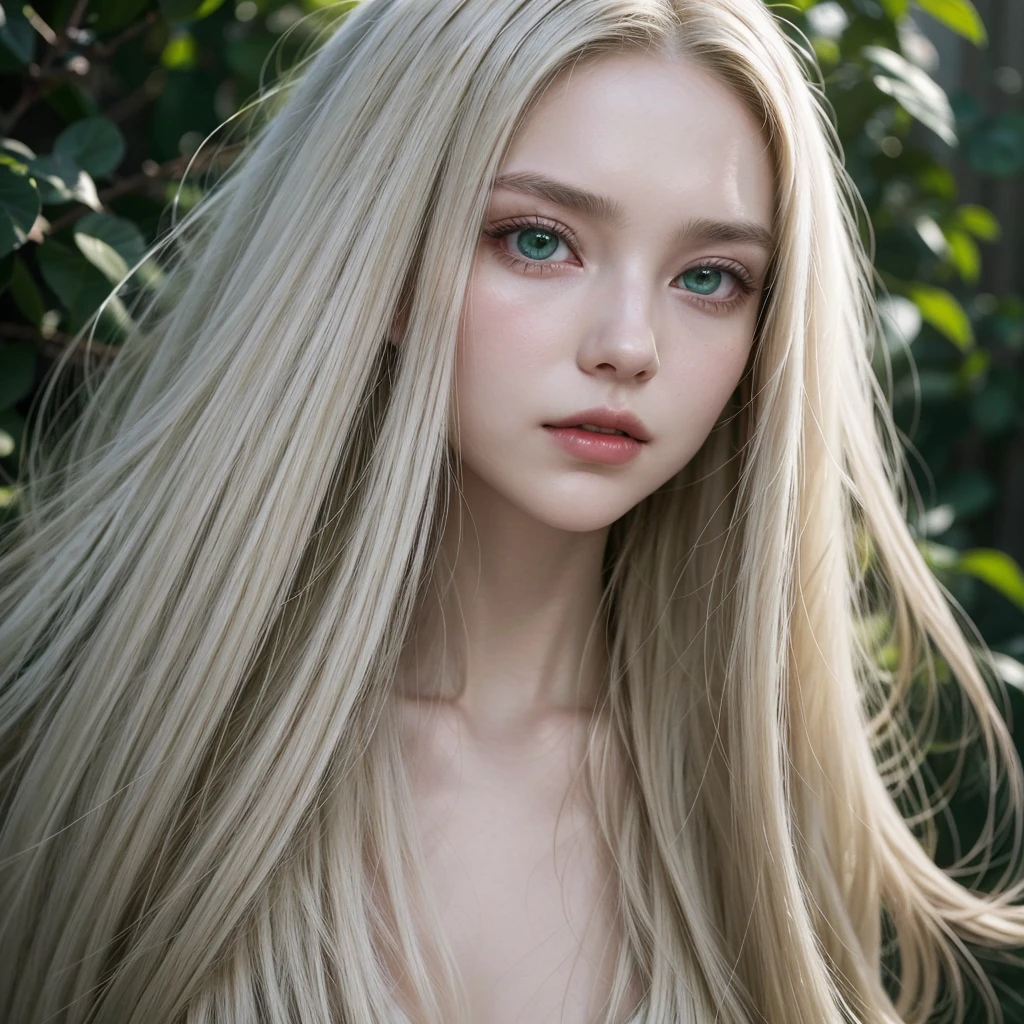 long white hair, possibly with loose locks framing her face. intense green eyes, with a mysterious and penetrating shine. Pale and soft skin, with a slim and elegant build. Oval face, with high cheekbones and a thin nose. Thin, dark red lips. A more expensive skin similar to Kimimaro's, but with a more feminine and delicate design. A tight black suit, and a silhouette that enhances your feminine figure. An ethereal and mysterious presence, with an aura of power and elegance