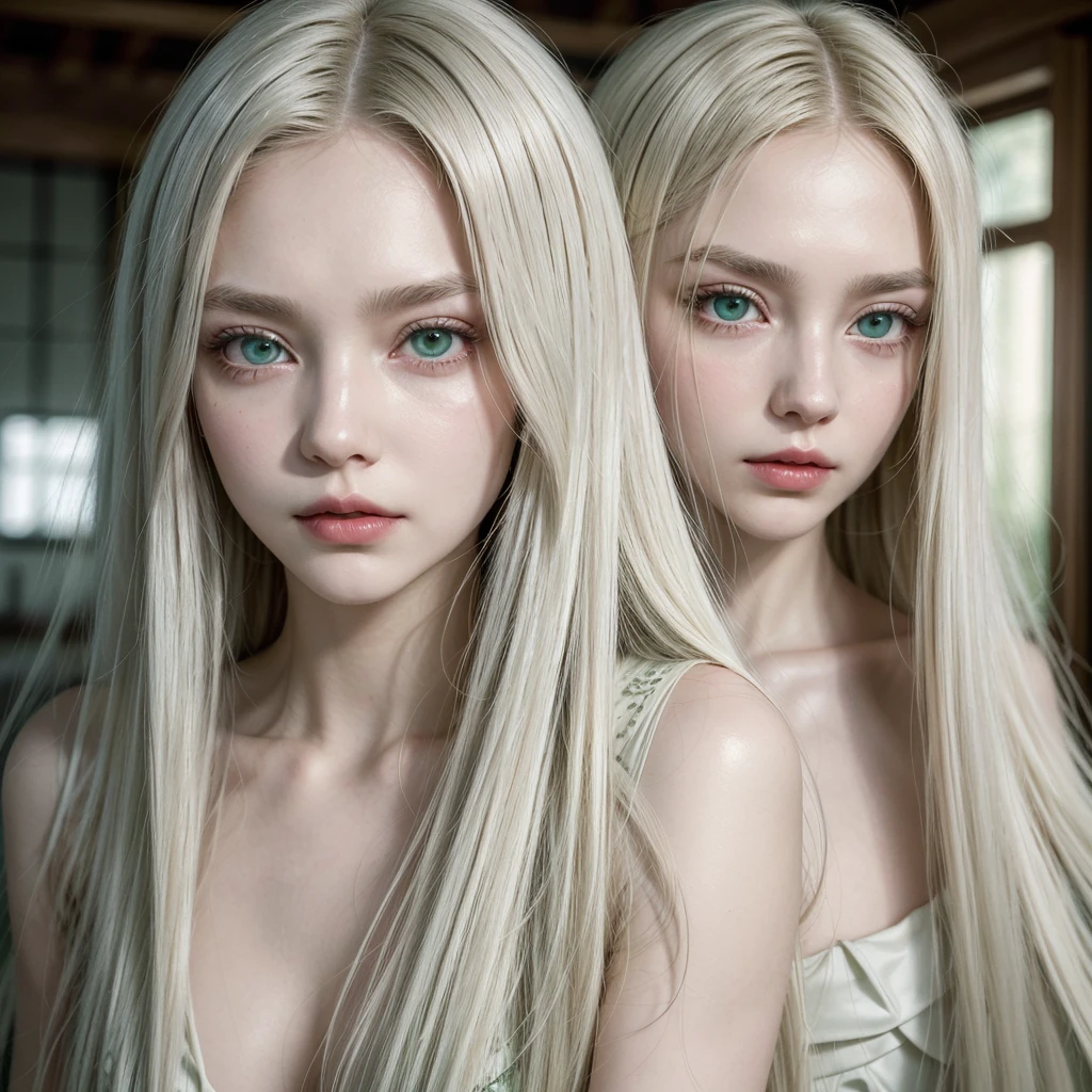 long white hair, possibly with loose locks framing her face. intense green eyes, with a mysterious and penetrating shine. Pale and soft skin, with a slim and elegant build. Oval face, with high cheekbones and a thin nose. Thin, dark red lips. A more expensive skin similar to Kimimaro&#39;s, but with a more feminine and delicate design. A tight black suit, and a silhouette that enhances your feminine figure. An ethereal and mysterious presence, with an aura of power and elegance