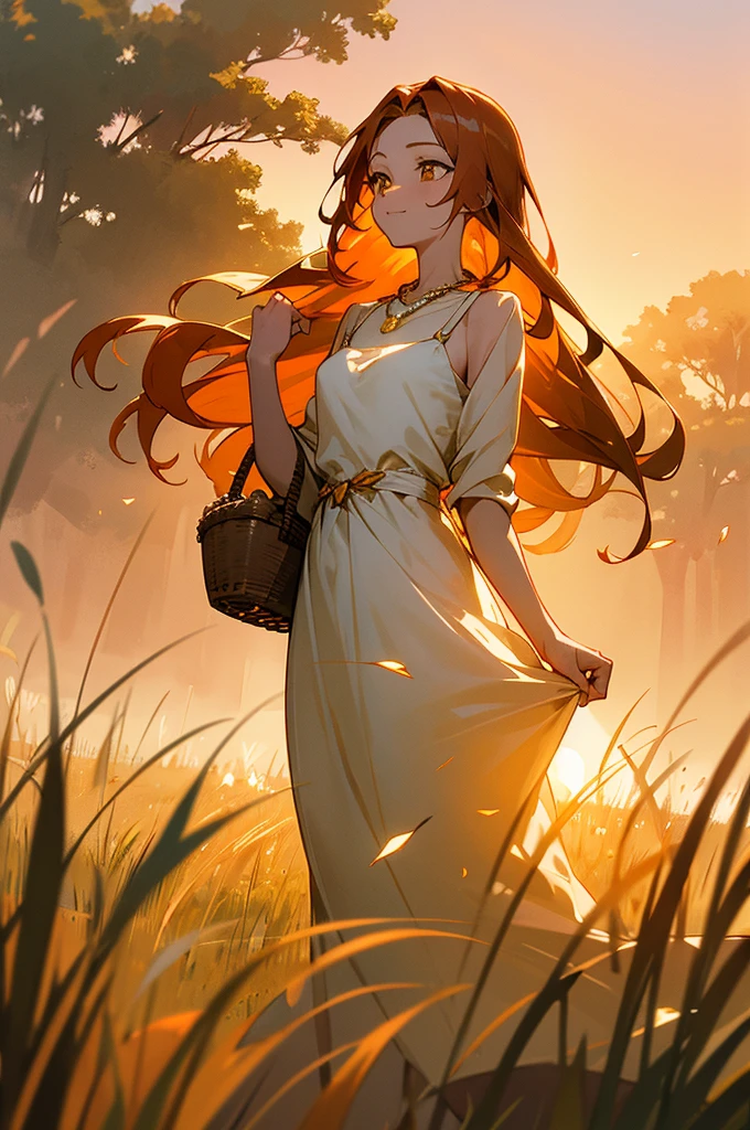 Ginger hair, amber eyes, captivating female, serene look, sunset, 8k resolution, meadow, wildflowers, young woman, peaceful expression, long hair, waist-up shot, glowing amber necklace, gentle smile, amber gem on chest, slender, graceful build, fit, white sundress, amber necklace, no scars, basket of fruits in hand, brown sandals.