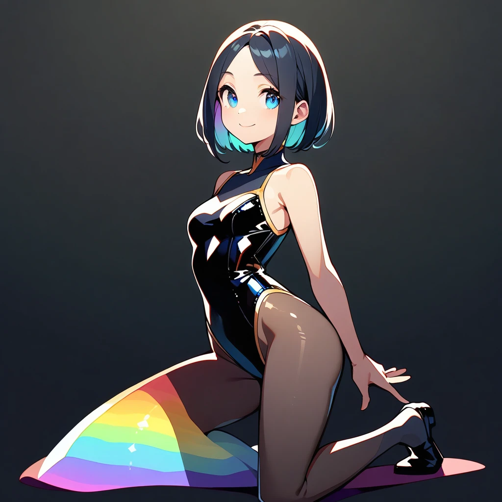 (masterpiece:1.2),Highest quality,Pixiv ,One girl,alone,View your viewers,smile,White background only,whole body,From the side,One knee,,Look to the side、White backgroundのみ,A leotard with glittering embellishments,tight-fitting leotard,Rainbow gradient leotard,slim, Beautiful Eyes,軽いsmile,、No background、White background