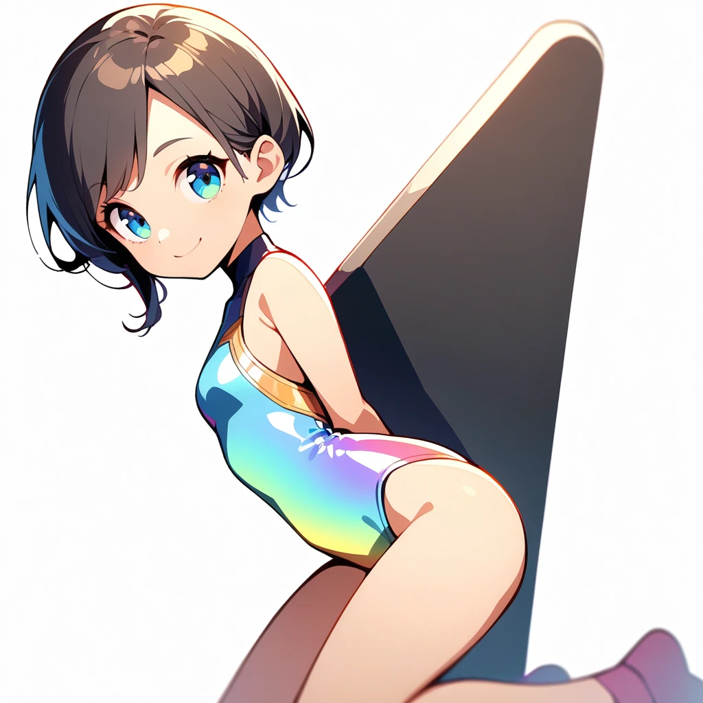 (masterpiece:1.2),Highest quality,Pixiv ,One girl,alone,View your viewers,smile,White background only,whole body,From the side,One knee,,Look to the side、White backgroundのみ,A leotard with glittering embellishments,tight-fitting leotard,Rainbow gradient leotard,slim, Beautiful Eyes,軽いsmile,、No background、White background