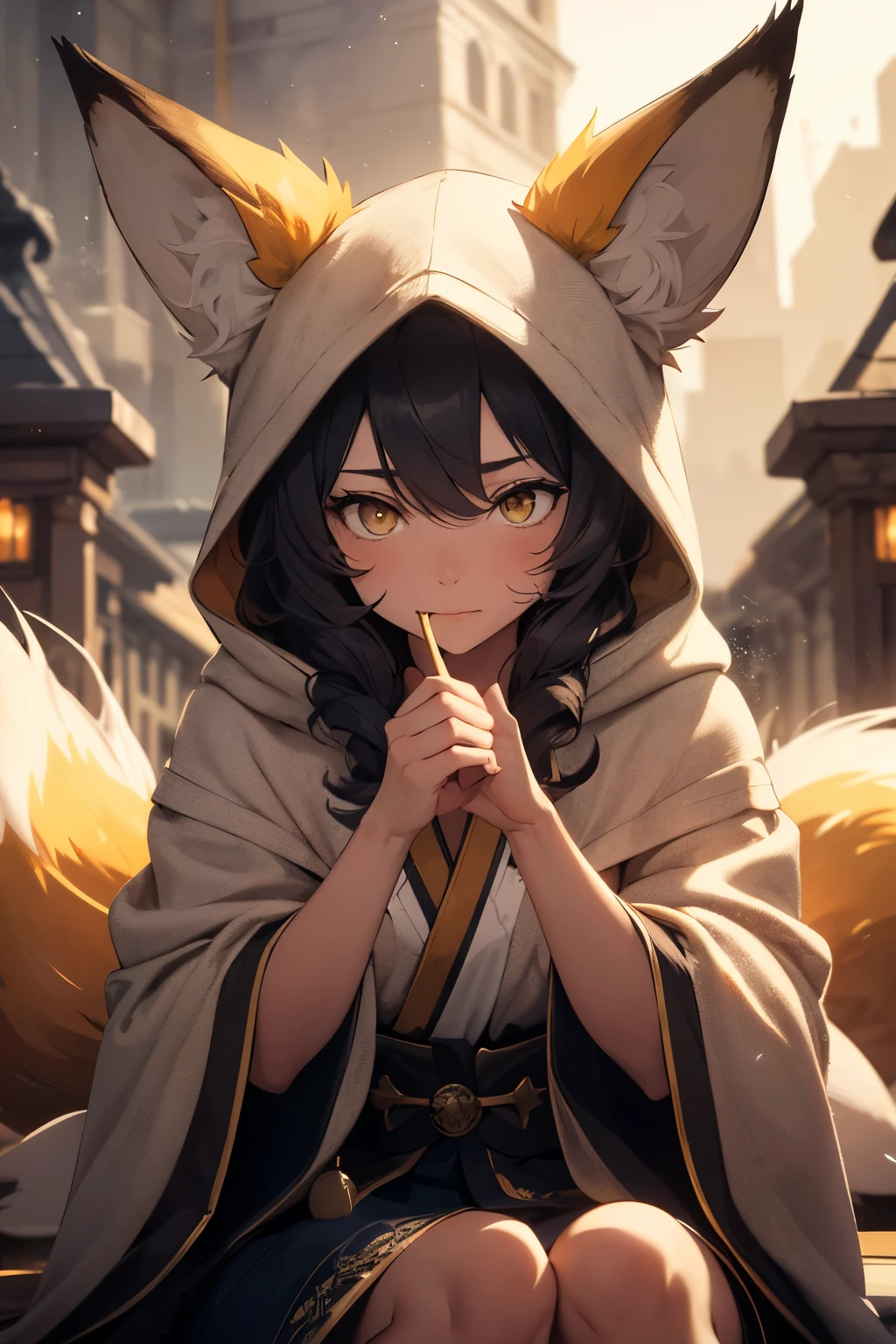 (high quality, best quality, 4k, 2k, (intricate:1.1), (high detail:1.3)), ((fantasy, abstract background)), (official wallpaper, volumetric lighting, dynamic lighting), 1girl, solo, (fox girl, fox ears, fox tail),very long hair, curly hair, black hair, (yellow eyes), druid, robe, hood, holding staff, shy position, sitting, ((relaxed, calm, peaceful)),magical energy,
