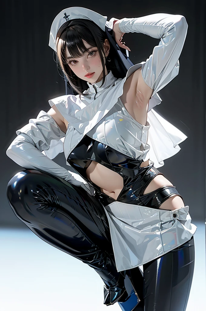 1girl,solo,medium breasts,(thigh gap:1.2),(cowboy shot:1.2),ruanyi020,squatting cowgirl position,black bodysuit,bdsm,nun,capelet,(white hair),, (masterpiece, best quality, hires, high resolution:1.2), (extremely detailed, realistic, intricate details, highres), 3d, cg,  bbw, shiny skin, , blush,, eyeliner, eyeshadow, eyelashes,, (gigantic breasts, saggy breasts:1.1), (cinematic lighting, sunlight, volumetric), looking at viewer, simple church background, vintage fantasy, 1960s \(style\), film grain,((show armpits,sexy armpits,clean armpits,sweat armpits)) less suit,few pieces of clothing,Spread your legs,Tight fitting dress