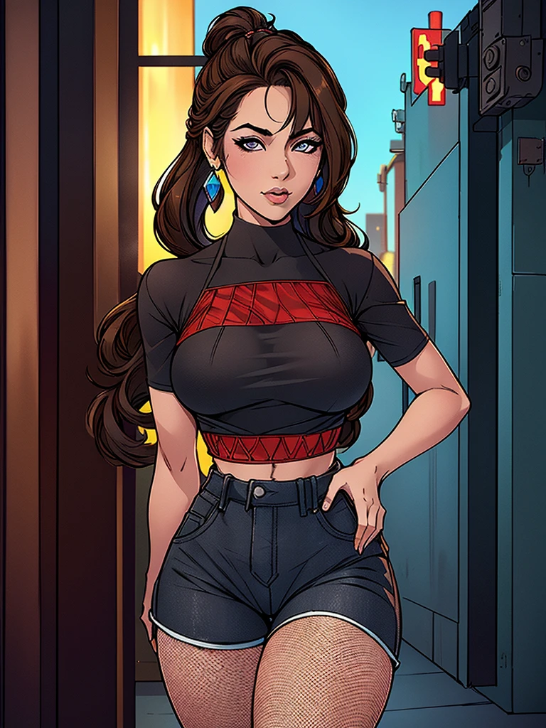 Just one girl,white skin,(glow up),Best quality, 4k, high resolution, body stuck dress, perfect smile, gorgeous, light skin, ahegao face, black eyes,(beautiful eyes),detail eyes, realastic eyes, long hair , brown hair (hair colour is brown) ,straight hair, pony tail hair, wearing a short red tee (top is red colour) and wearing black high-waisted short jean(black pleated jean),and wearing skinny stalking pantyhose(fishnet stalking pantyhose), clothes are stuck in body, bodyfit outfit,1 girl, solo, seductive look, elegance and charm, (masterpiece, best quality, high resolution), looking at the viewer, standing, (intricate and beautiful:1.2), (detailed light:1.2), (soft light, side light), (high resolution textures) , outdoor, white skin girl ,outdoor background, sun light, attractive, sexy, mature and hot, young,(masterpiece:1.3), (disorganized:1.3), (highest quality:1.3), perfect anatomy, detailed face, front view, perfect right hands, looking at viewer, (Super detailed:1.3), (best shadow:0.7), (treated hair), fine eyes, beautiful eyes, young aged woman, alone, standing, crystal earrings,closed_mouth, , outdoors, arrogant face, small ,outfit detail,
Correct outfut details,