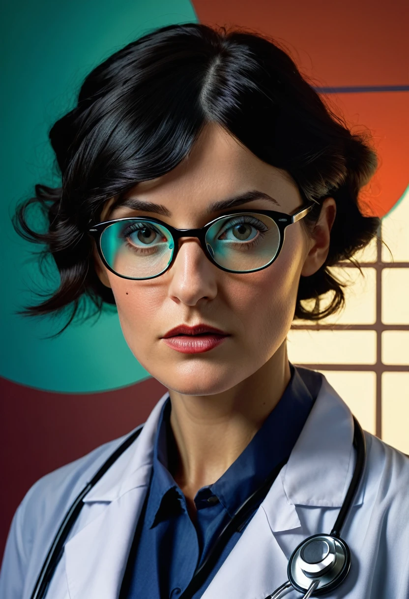 Surrealist portraits of women by David Hockney and Alphonse Mucha, lifelike, dynamic lighting, art station, posters, Volumetric lighting, The facial details are very rich, 4K, Award-winning, 1 lady, dark, Deep shadows, low profile, portrait, (((((doctor: 1.4)))), short hair, black hair, Glasses