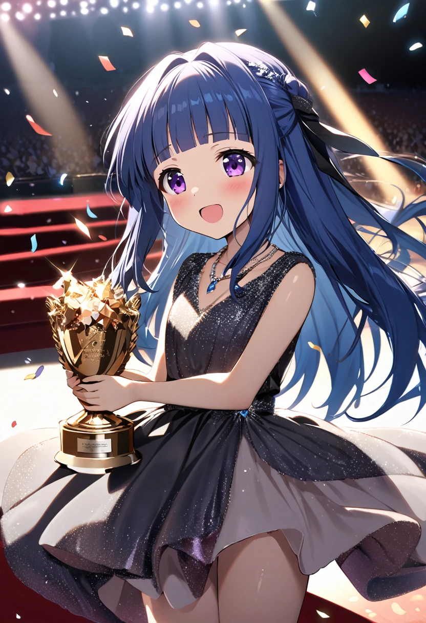 (Award-Winning Moment), (Rika Furude), Blue Hair, Purple eyes, Long Hair, blunt bangs, bangs, 1 girl, (Award Ceremony), Luxury Dresses, Spotlight, applause, necklace, ((Crystal Trophy)), (confetti), stage, Red carpet, (Luxury venue)