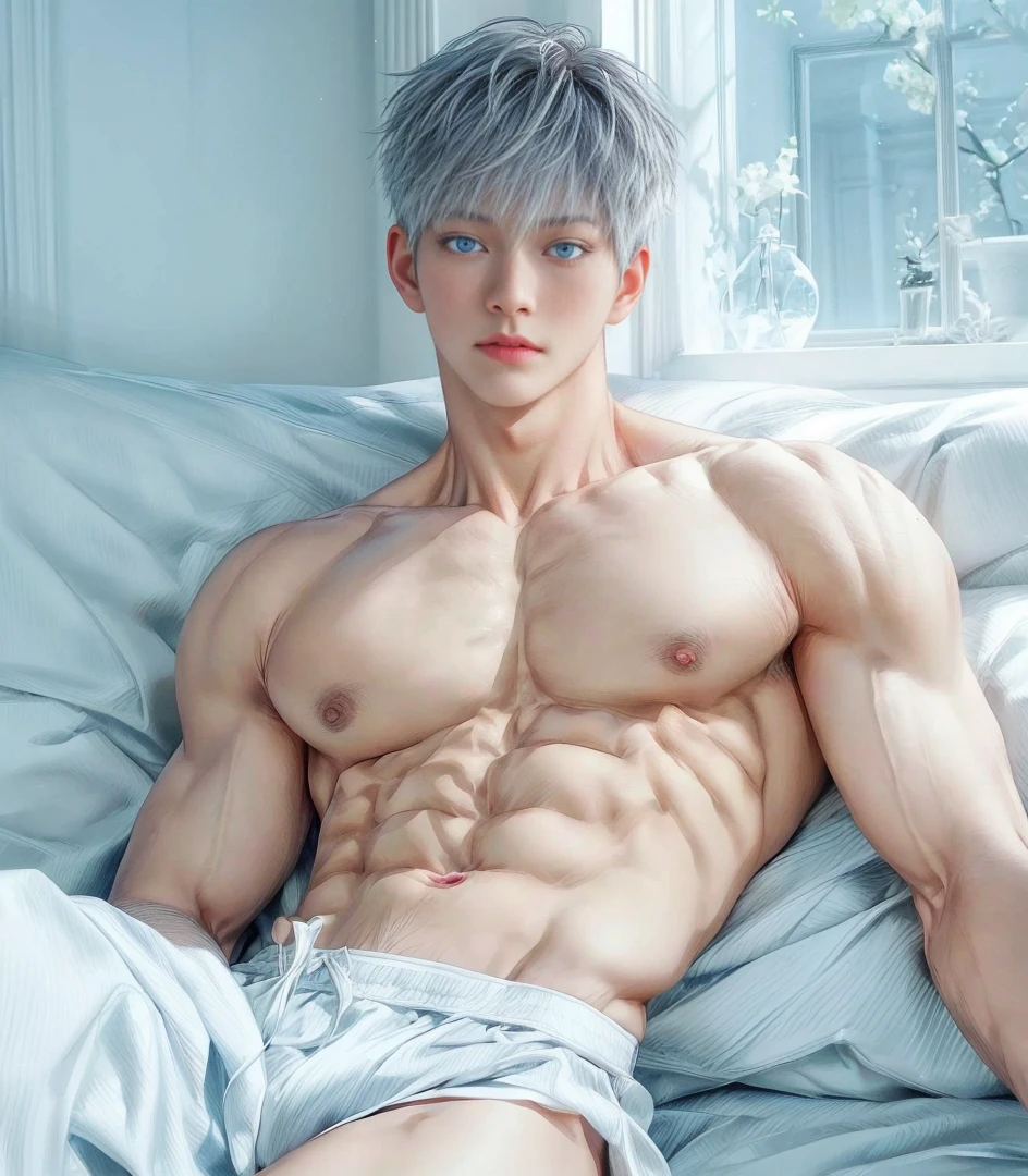 1boy, adult, handsome, perfect face, detailed eyes and face, clean shaved, sixpack realistic, white eyebrow hair, white eyelashes, dynamic lighting, unreal engine 5, hd picture, satoru gojo, white hair, short hair ,hair between eyes ,blue eyes, white skin