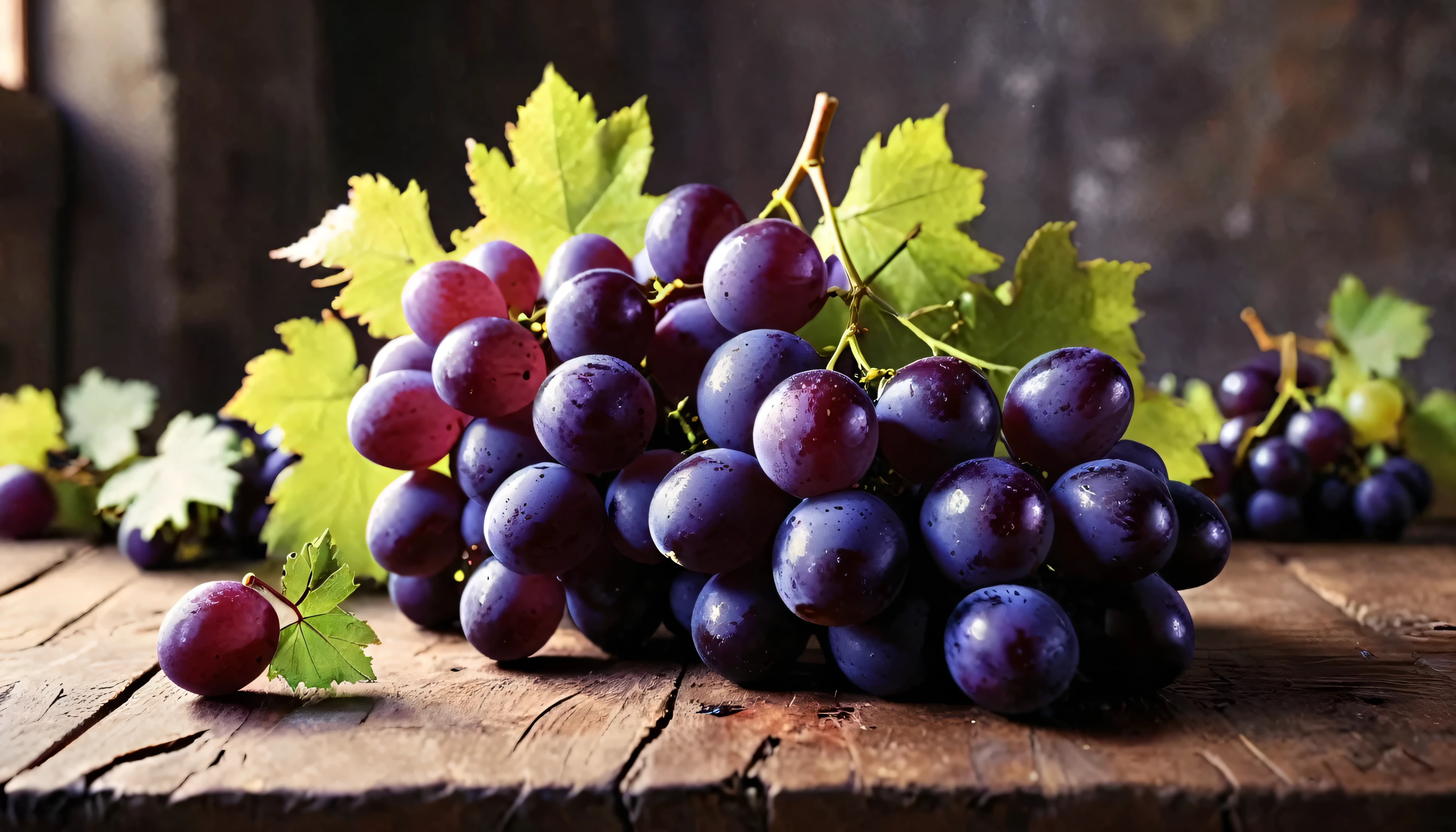 ((Masterpieces in up to 16K resolution):1.6),((soft_color_photography:)1.5), ((Super detailed):1.4),((Typical static images and dynamic angles):1.3),A bunch of fresh, shiny and intact purple grapes.with grape leaves.Flat lay on wooden table with white thick ink strokes background(Shimmer), (Visual experience) ,(realism), (actual),Award-winning graphics, Hidden Shot, film grain, Very detailed, Digital art, instant transfer, Unreal Engine, Scene concept anti-glare effect, All captured in sharp focus.