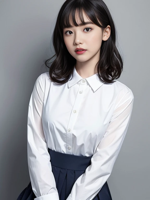 Gray background、pubic hair、Large Breasts、Thighs、Red lipstick、(((Glaring)))、Curly Hair、Disheveled Hair、Cute woman、high school girl、White shirt、Navy frill mini skirt、