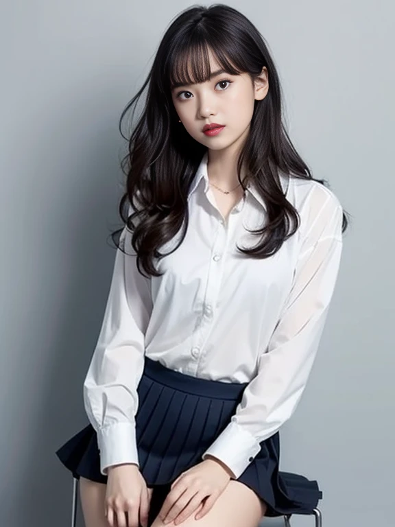 Gray background、pubic hair、Large Breasts、Thighs、Red lipstick、(((Glaring)))、Curly Hair、Disheveled Hair、Cute woman、high school girl、White shirt、Navy frill mini skirt、