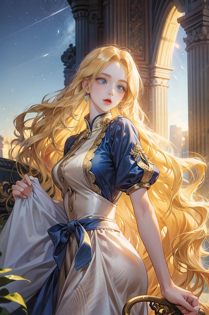 girl with long wavy golden blonde hair, shining blue eyes