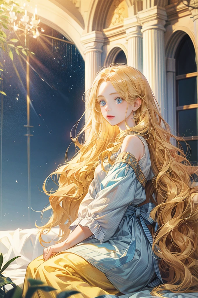 girl with long wavy golden blonde hair, shining blue eyes