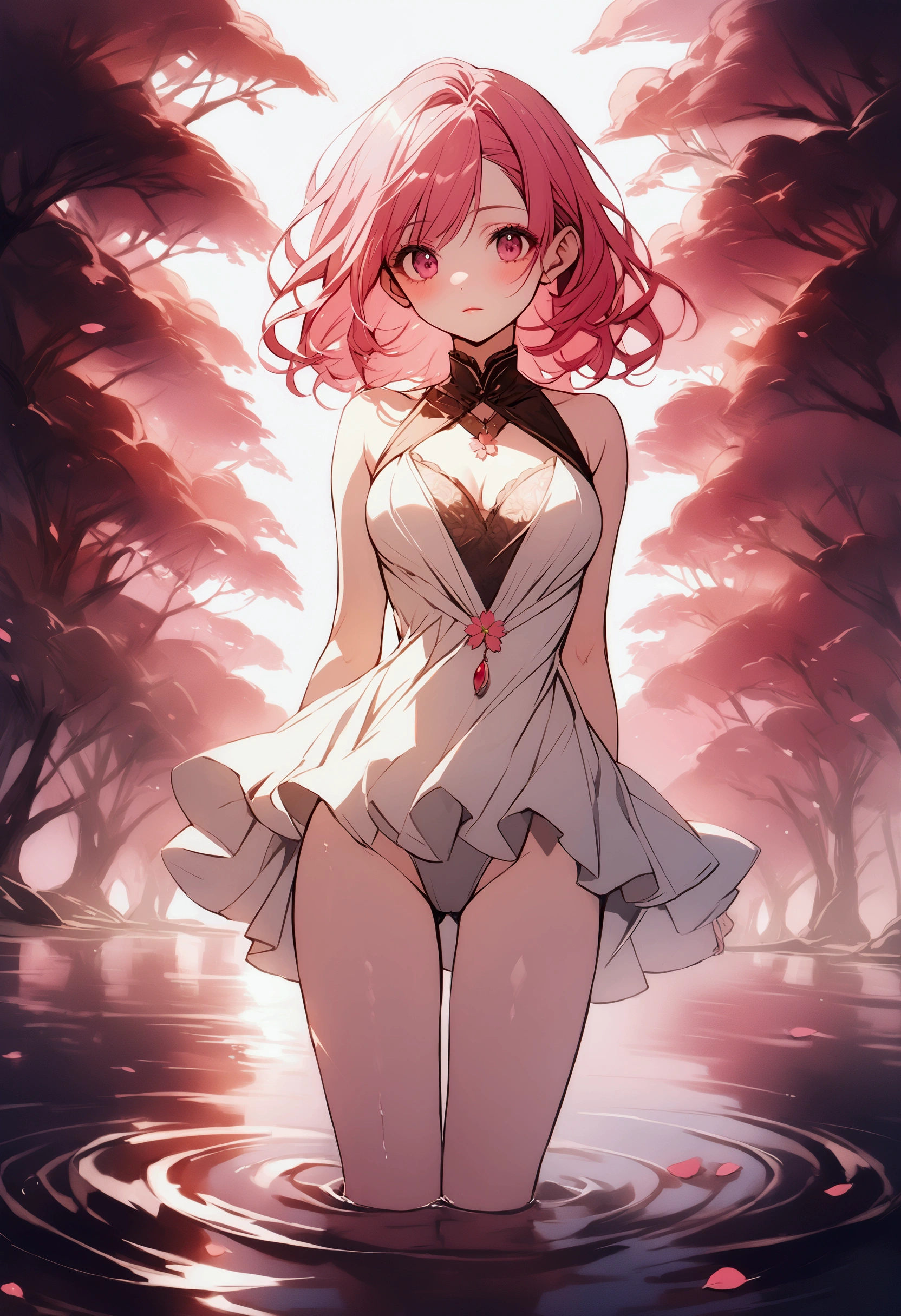 beautiful sakura haruno, with medium breast, lean body,standing in water, front view