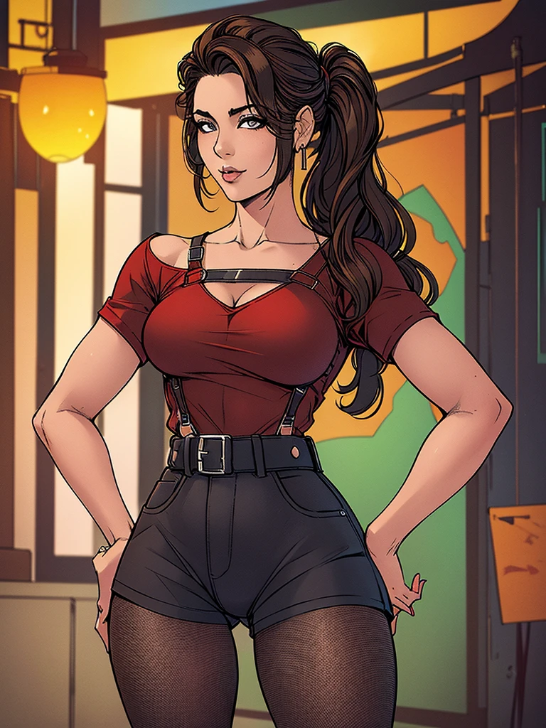 Just one girl,white skin,(glow up),Best quality, 4k, high resolution, body stuck dress, perfect smile, gorgeous, light skin, ahegao face, black eyes,(beautiful eyes),detail eyes, realastic eyes, long hair , brown hair (hair colour is brown) ,straight hair, pony tail hair, wearing a short red tee (top is red colour) and wearing black high-waisted short jean(black pleated jean),and wearing skinny stalking pantyhose(fishnet stalking pantyhose), wearing leg harness (thigh harness), clothes are stuck in body, bodyfit outfit,1 girl, solo, seductive look, elegance and charm, (masterpiece, best quality, high resolution), looking at the viewer, standing, (intricate and beautiful:1.2), (detailed light:1.2), (soft light, side light), (high resolution textures) , outdoor, white skin girl ,outdoor background, sun light, attractive, sexy, mature and hot, young,(masterpiece:1.3), (disorganized:1.3), (highest quality:1.3), perfect anatomy, detailed face, front view, perfect right hands, looking at viewer, (Super detailed:1.3), (best shadow:0.7), (treated hair), fine eyes, beautiful eyes, young aged woman, alone, standing, crystal earrings,closed_mouth, , outdoors, arrogant face, small ,outfit detail,
Correct outfut details,thick thighs,