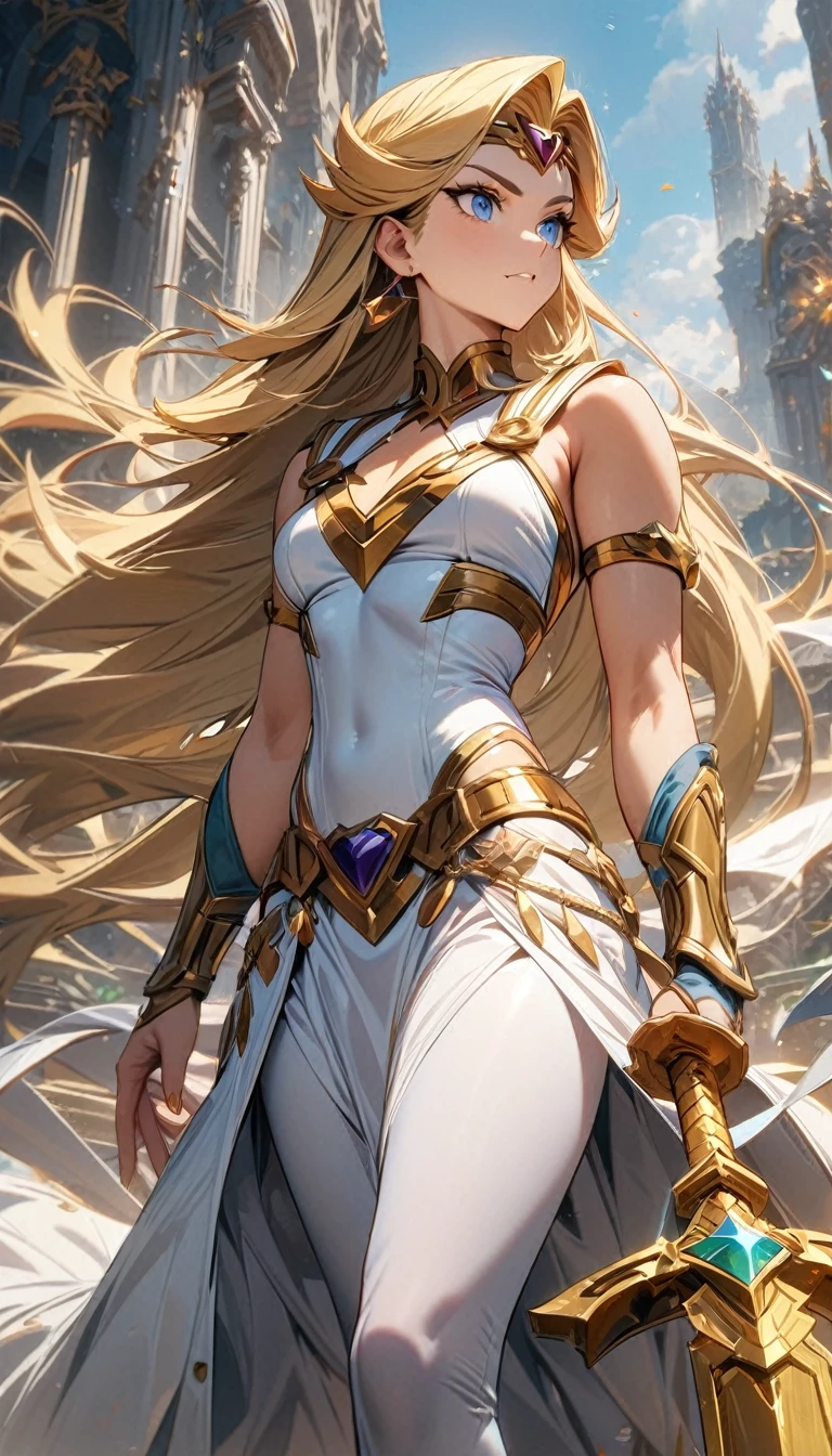 adult girl, long blonde hair, blue eyes, white tight dress, sleeveless, golden elements, sword, muscles, She-Ra, Princess of Power, Masterpiece, best quality, Full HD, 8k, ultra details, great graphic
