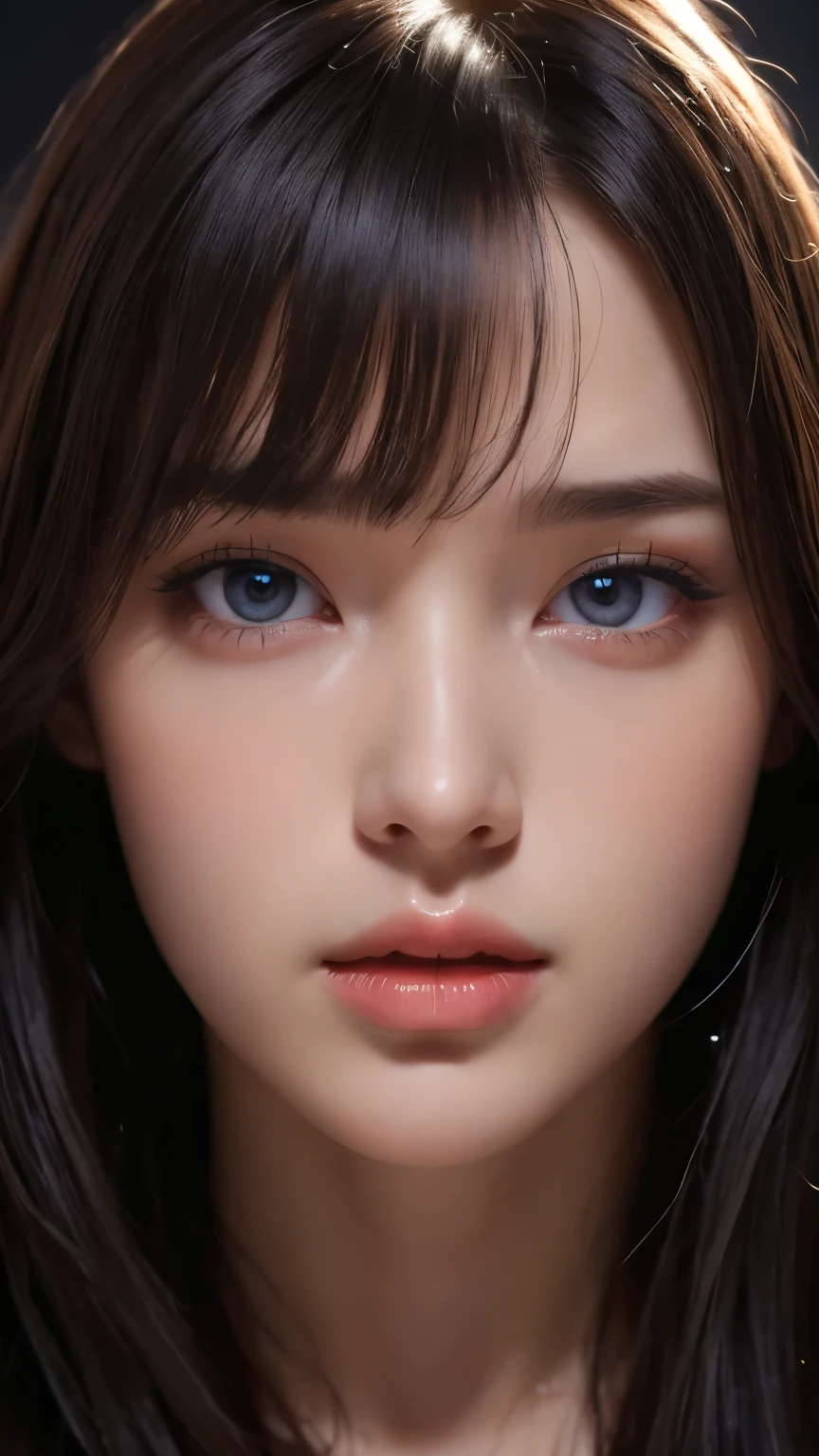 masterpiece, best quality, ultra-detailed, facing the camera head on, intricately detailed hyperdetailed, realistic, sharp features, highly detailed, sharp focus, perfect face, perfect face, perfect symmetrically perfect eyes, perfect full lips, flexible female form, cinematic, film light, hyper detailed, hyper realistic, masterpiece, atmospheric, high resolution, vibrant, dynamic studio lighting, nsfw, ((Dark background)), Sexy face, Facial expressions when receiving pleasure, straight Bangs, blue Eyes, black sweater,